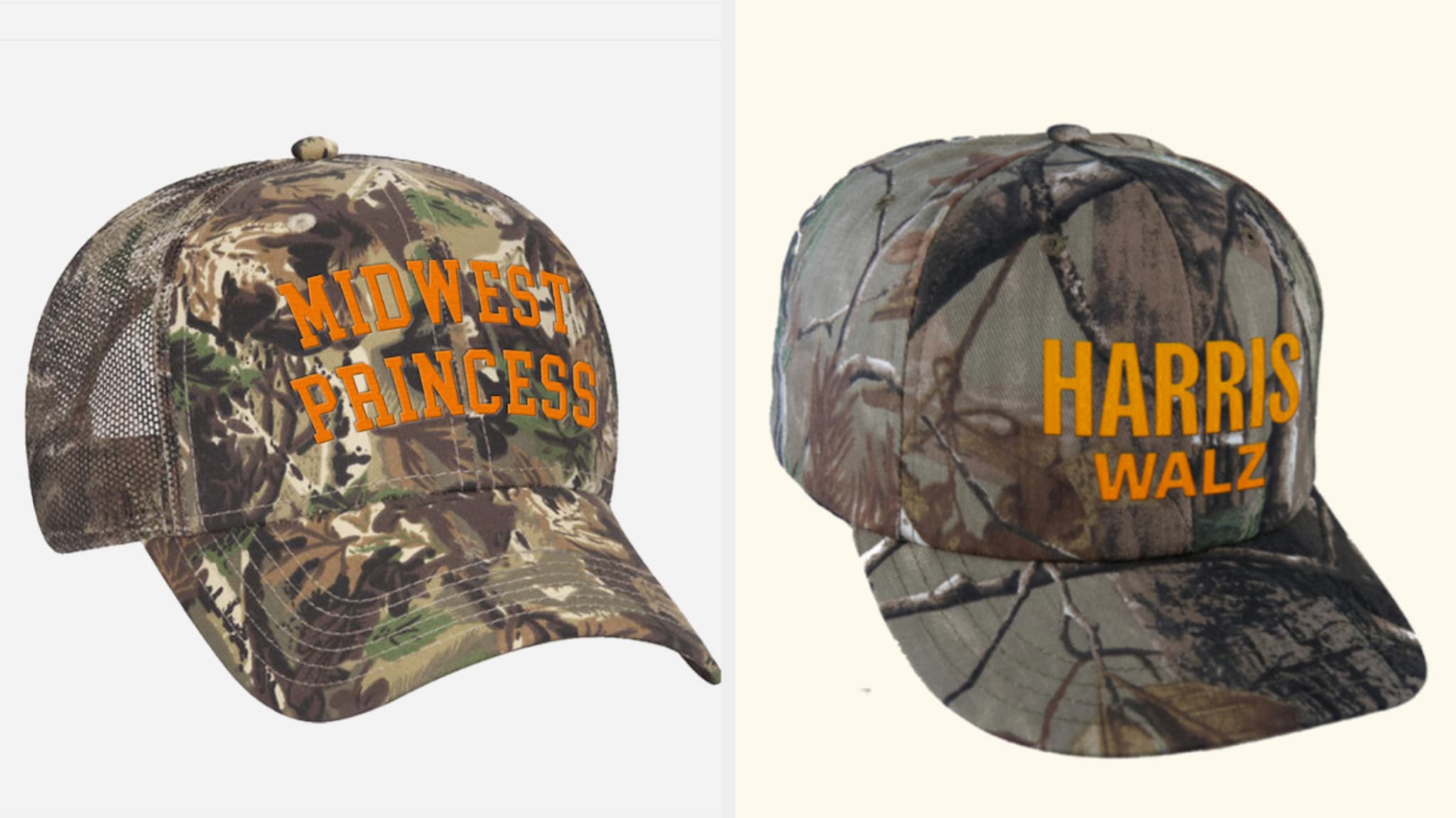 Side-by-side image of Chappell Roan's "Midwestern Princess" hat next to Kamala Harris and Tim Welz's similarly designed campaign hat.
