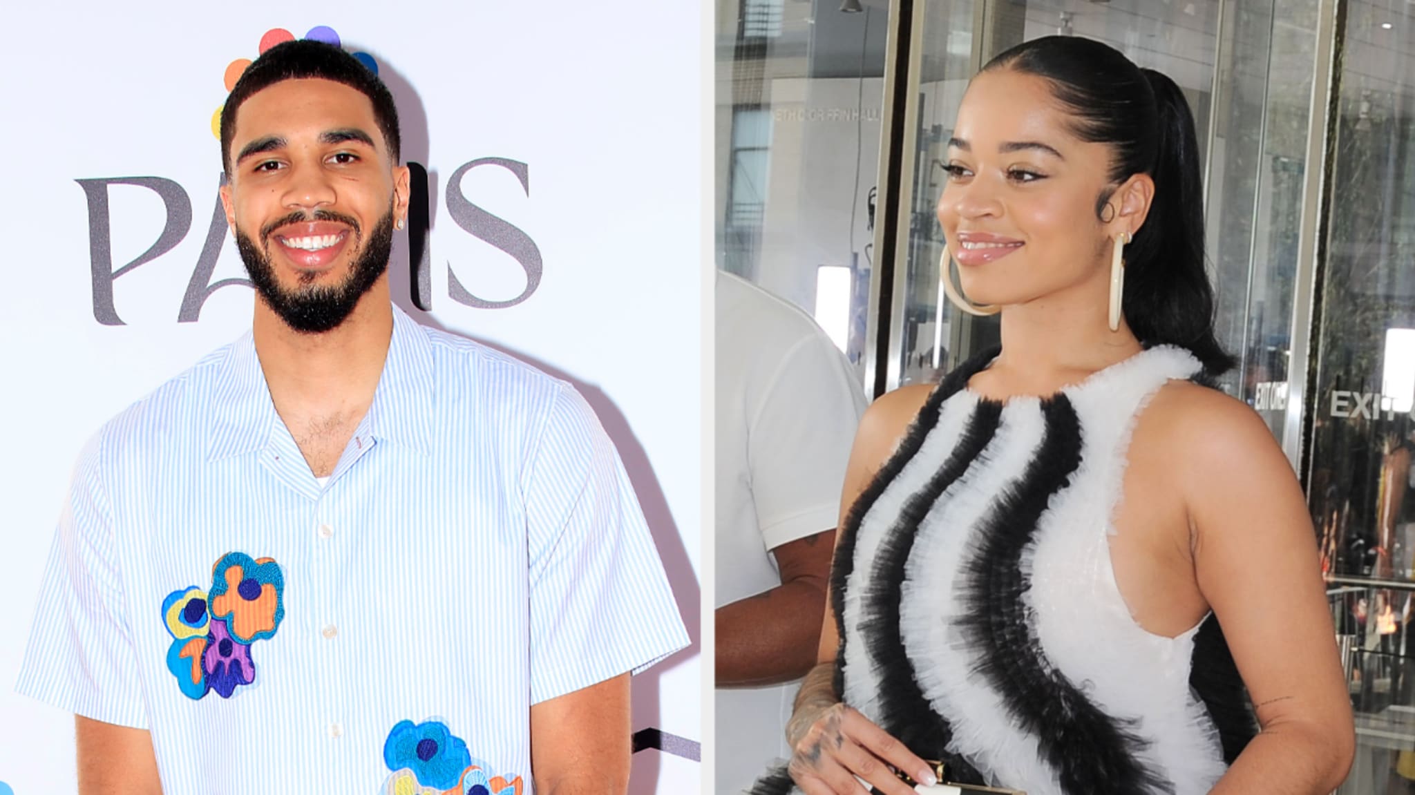 Jayson Tatum poses in short sleeve collared shirt. A separate snapshot of Ella Mai wearing a vertically striped, sleeveless dress on the right