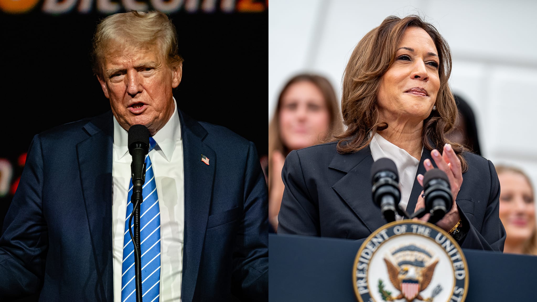 Donald Trump and Kamala Harris at separate events, both speaking behind podiums. Trump wears a suit with a striped tie. Harris claps while wearing a blazer