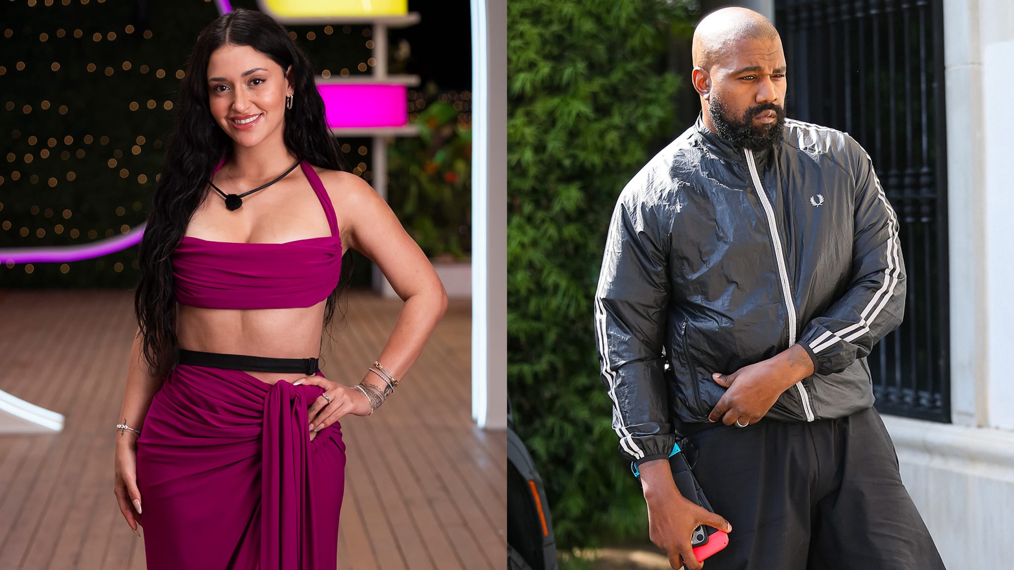 A woman in a stylish crop top and skirt, and a man in a casual athletic jacket are standing outdoors