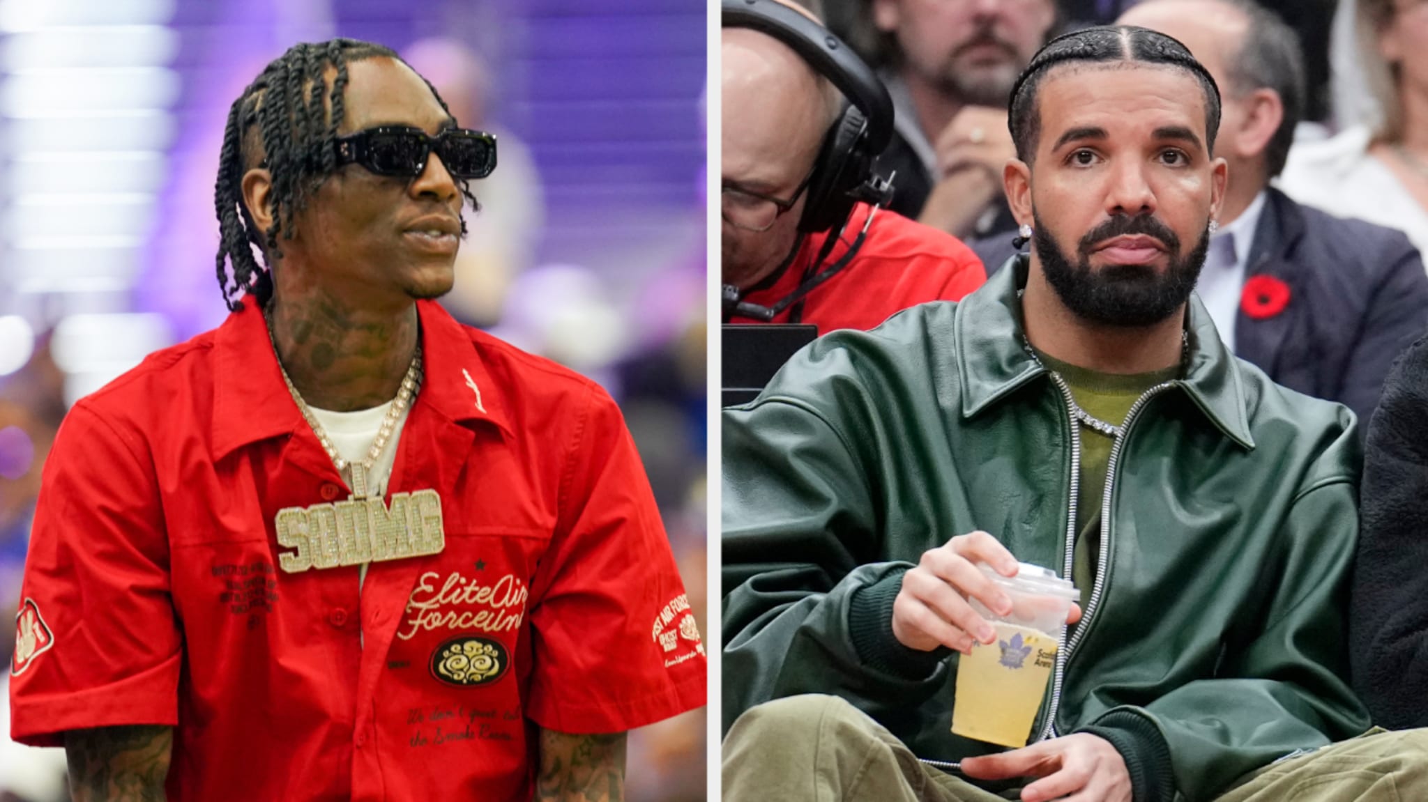 Soulja Boy in a red shirt with a large chain necklace and Drake in a green jacket holding a drink, seated. Photo is used in a music article