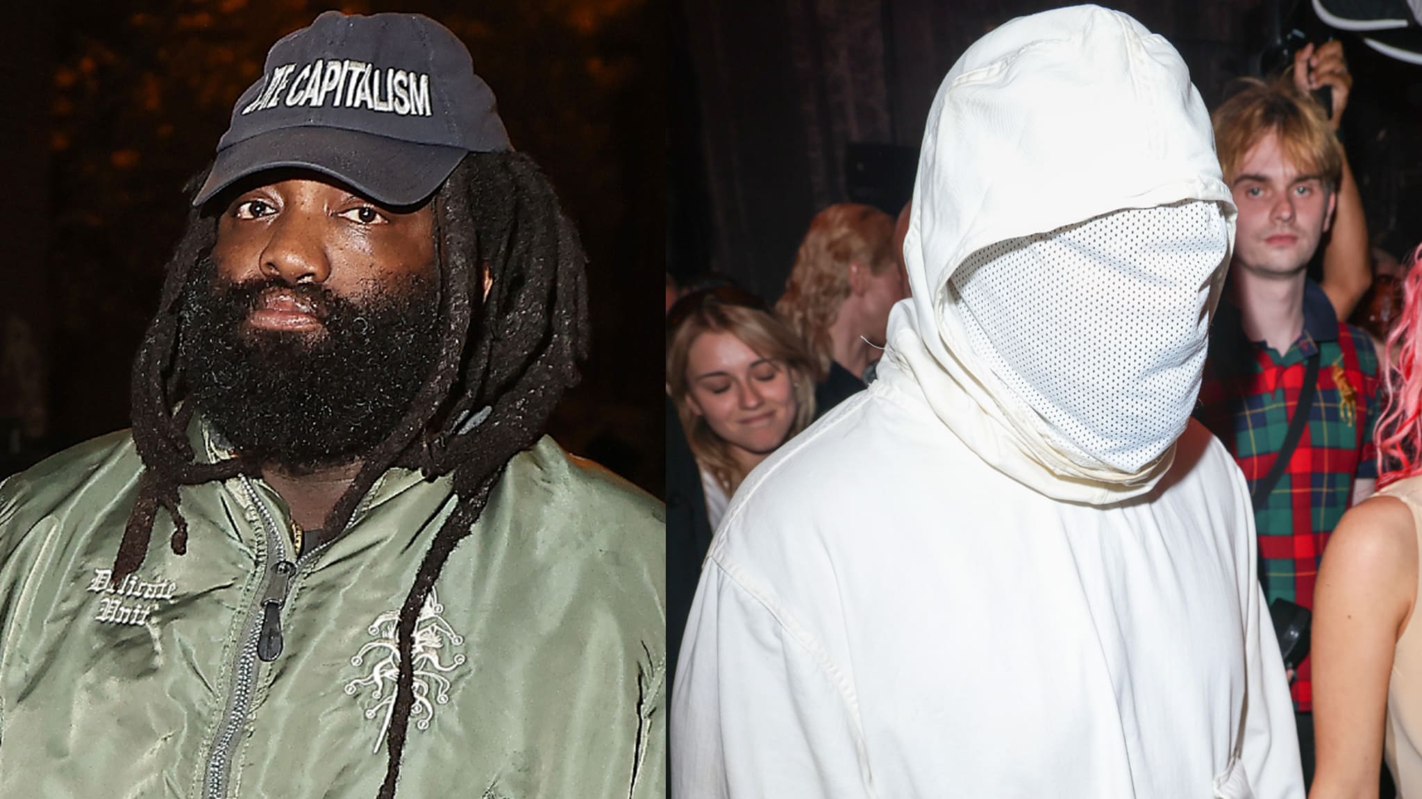 Person on the left, with long dreadlocks, wearing a cap and green jacket. Person on the right wears a white hooded outfit covering their face