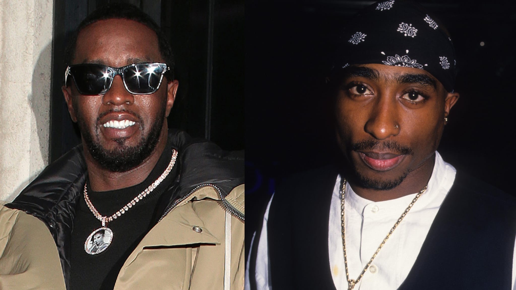 Sean Combs, in sunglasses, a jacket, and a necklace, stands beside Tupac Shakur, wearing a bandana and vest. The article is categorized as Music