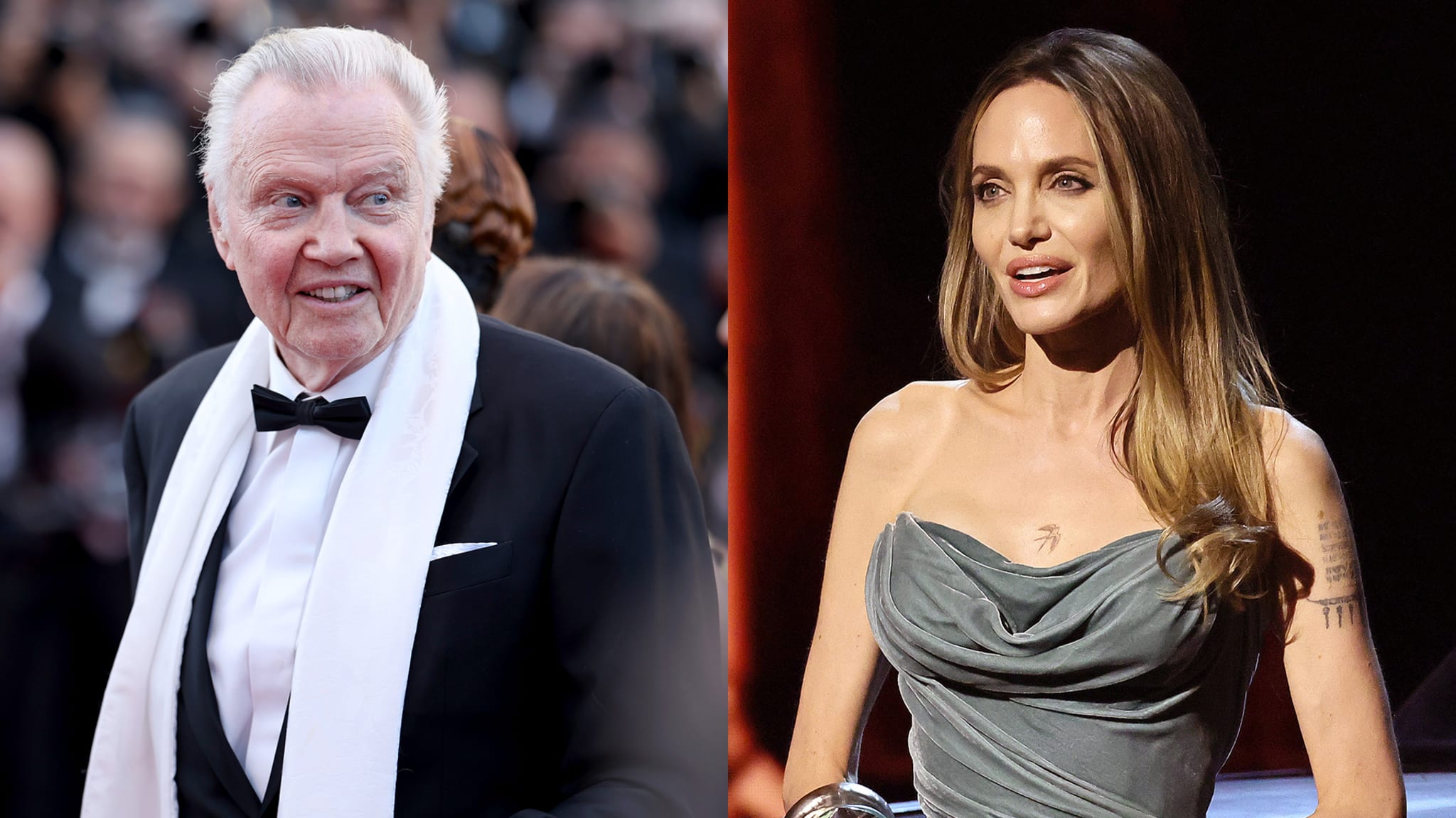 Jon Voight in a tuxedo with a white scarf on a red carpet; Angelina Jolie in a draped gown speaking or presenting