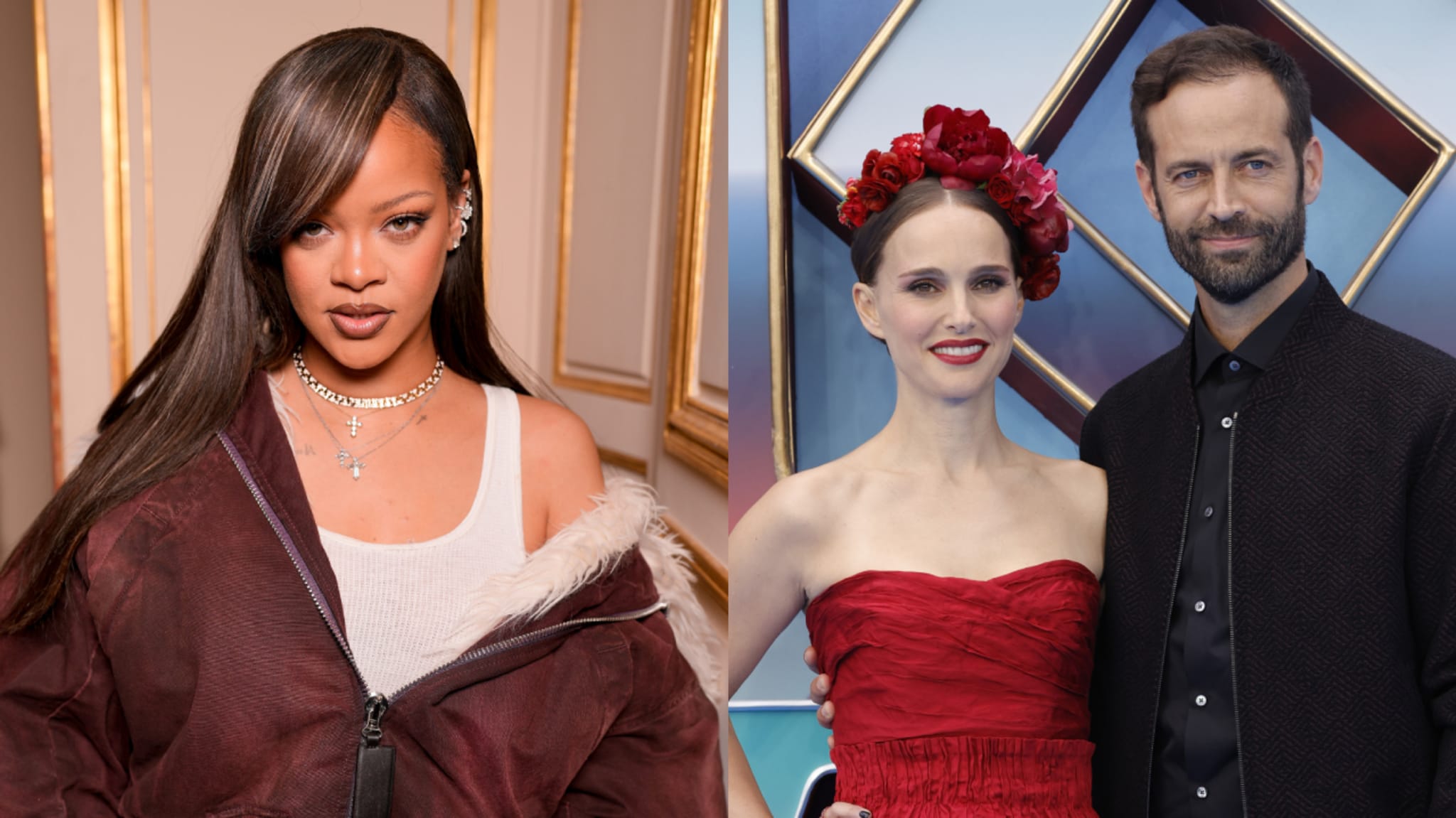 Rihanna in a casual chic outfit. Natalie Portman in a red strapless dress with floral headpiece, Benjamin Millepied at her side in a dark suit