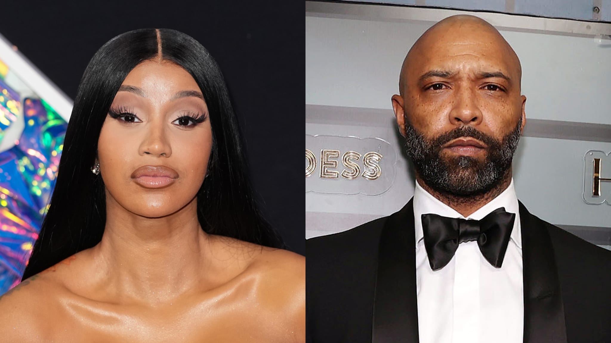 Cardi B in an off-shoulder dress and Joe Budden in a tuxedo stand against different backgrounds in a side-by-side image
