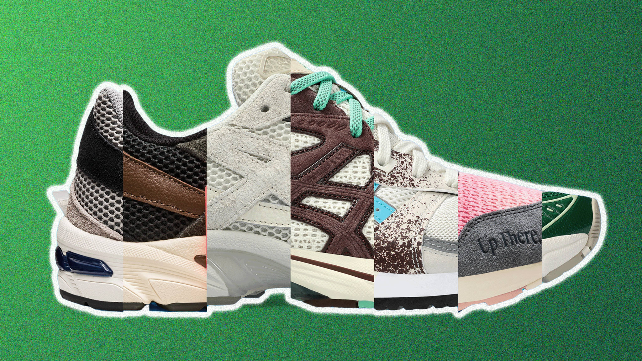 Collage of various sneaker designs from different brands combined into one shoe form. Brands include New Balance, Adidas, and more