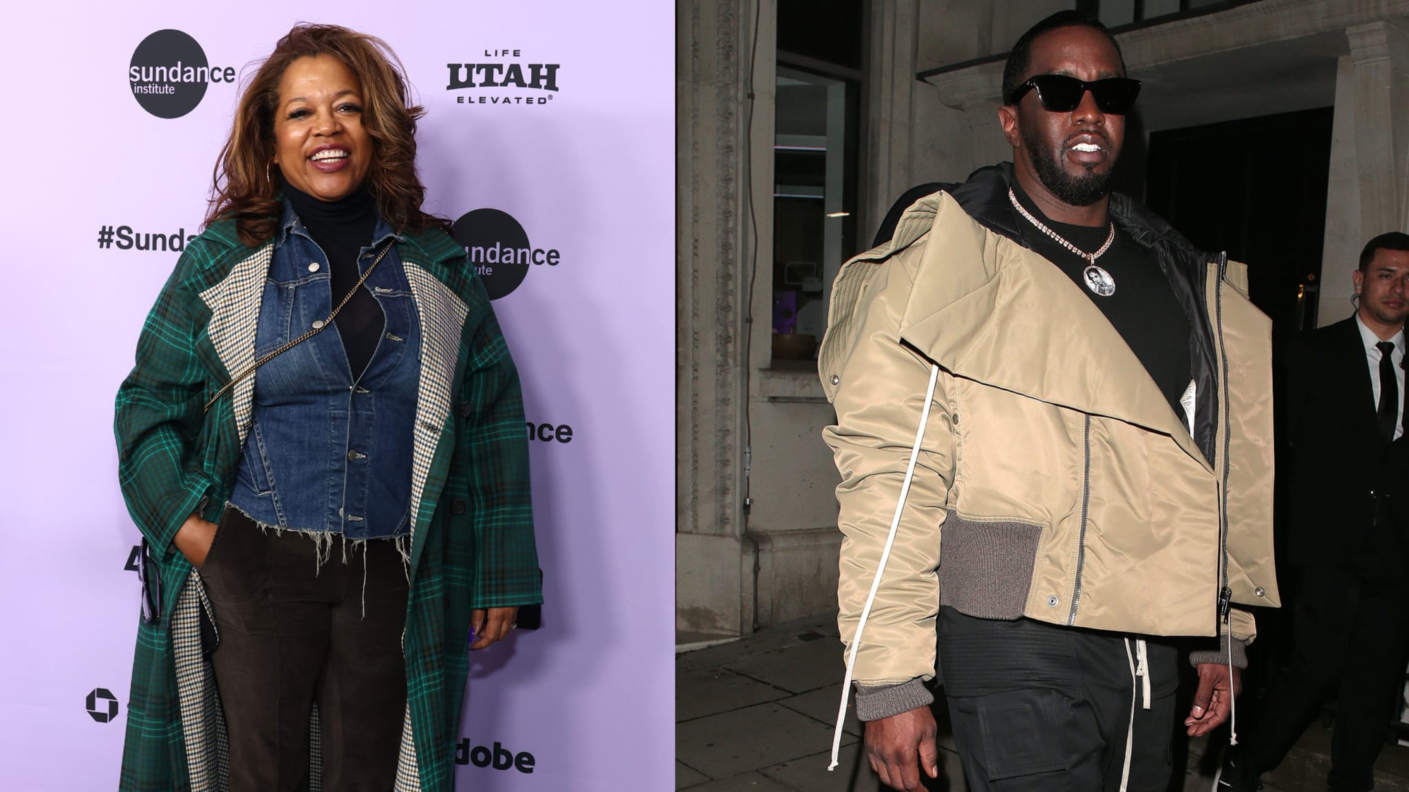Danyel in a layered outfit and P. Diddy in a stylish oversized jacket at separate events