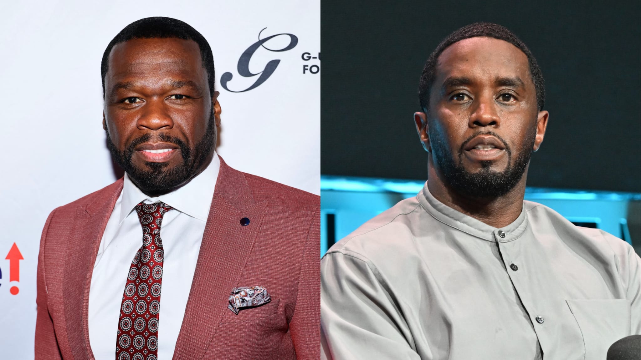 50 Cent in a red suit and tie on the left, Sean "Diddy" Combs in a light-colored shirt on the right