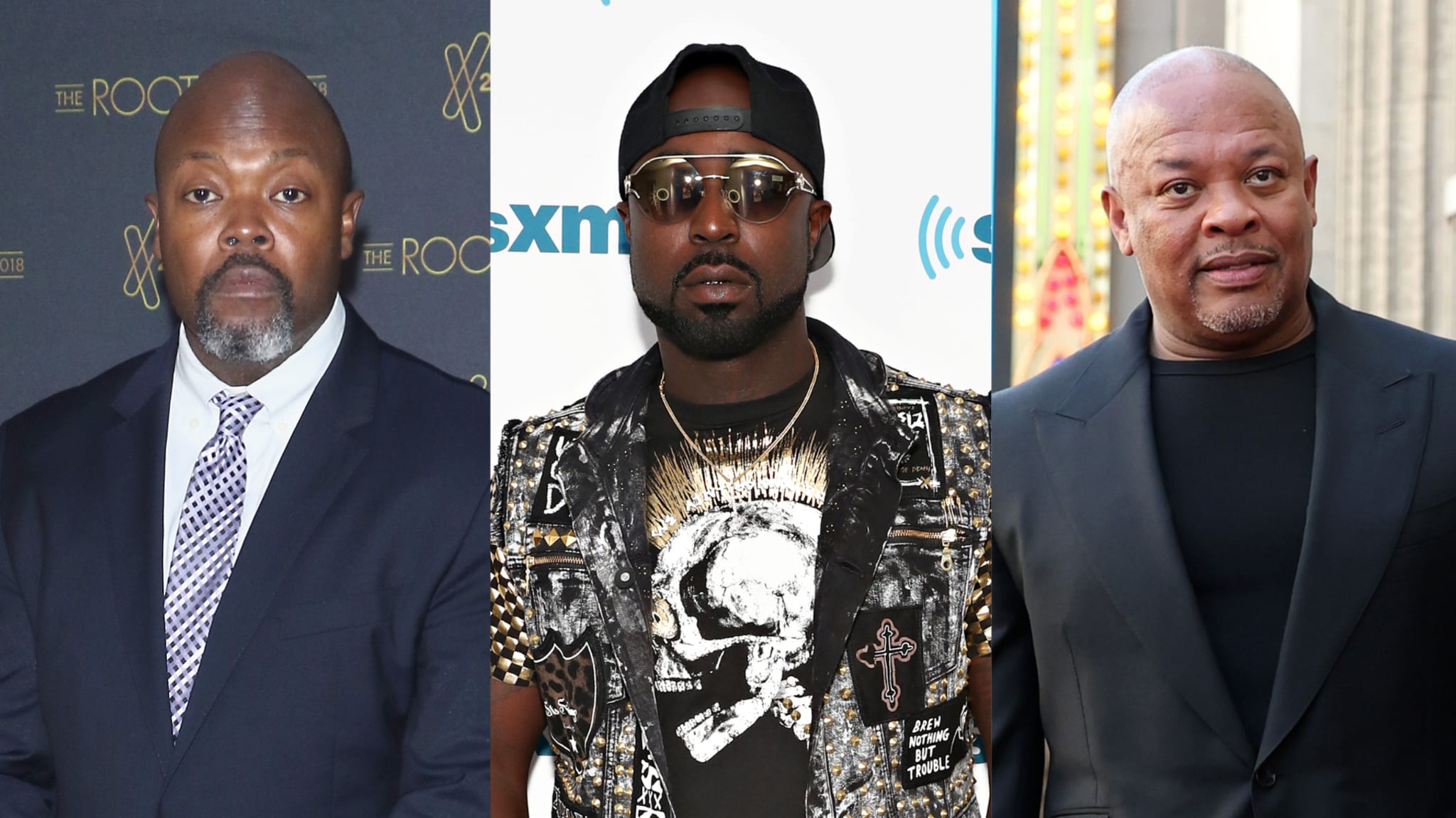 From left to right: Isaac Hayes III wearing a suit, Young Buck in a graphic vest and hat, and Dr. Dre in a black shirt