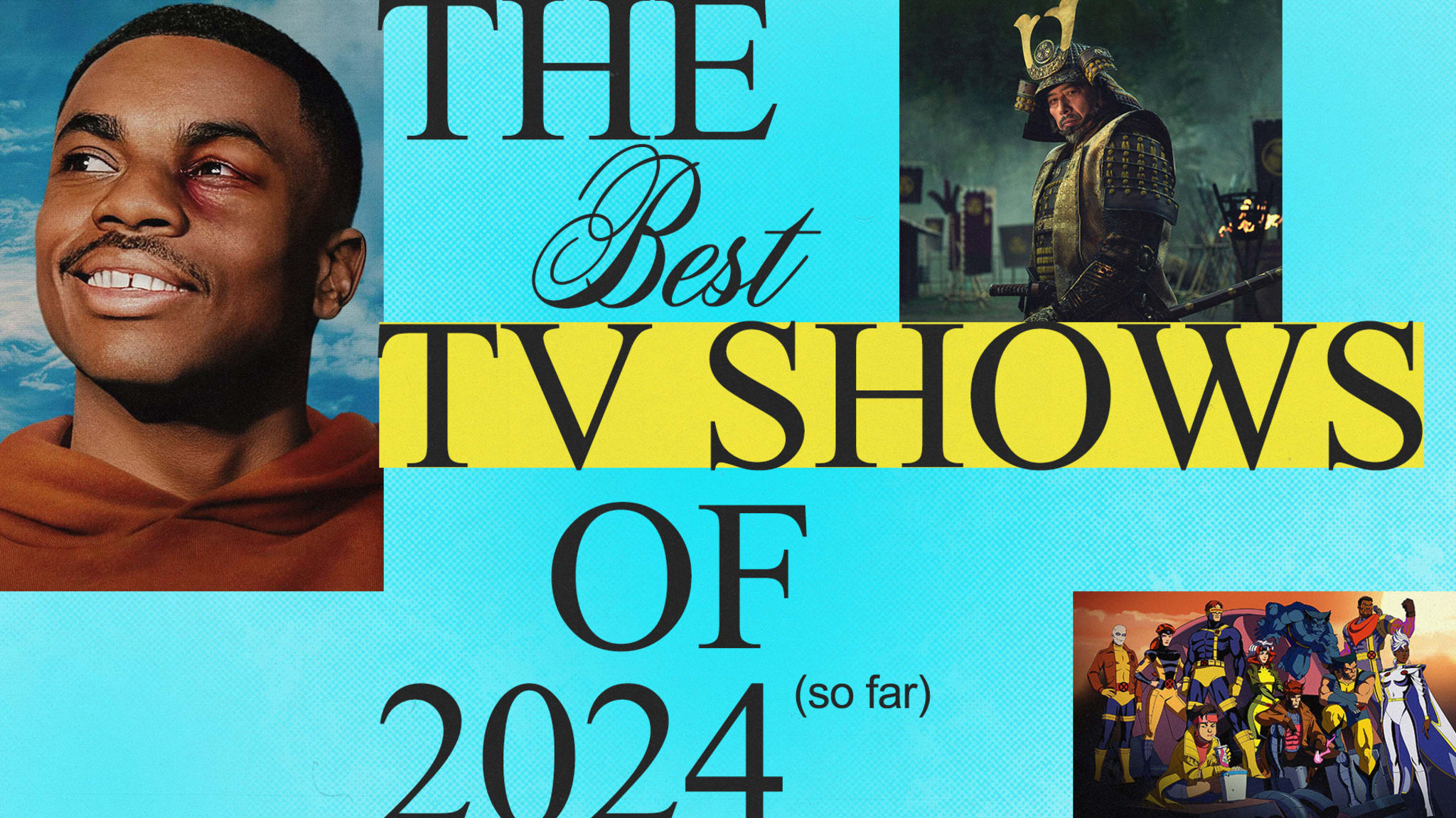 Cover image for an article titled "The Best TV Shows of 2024 (so far)" with a photo of Vince Staples, a character from a samurai show, and a group from an animated series
