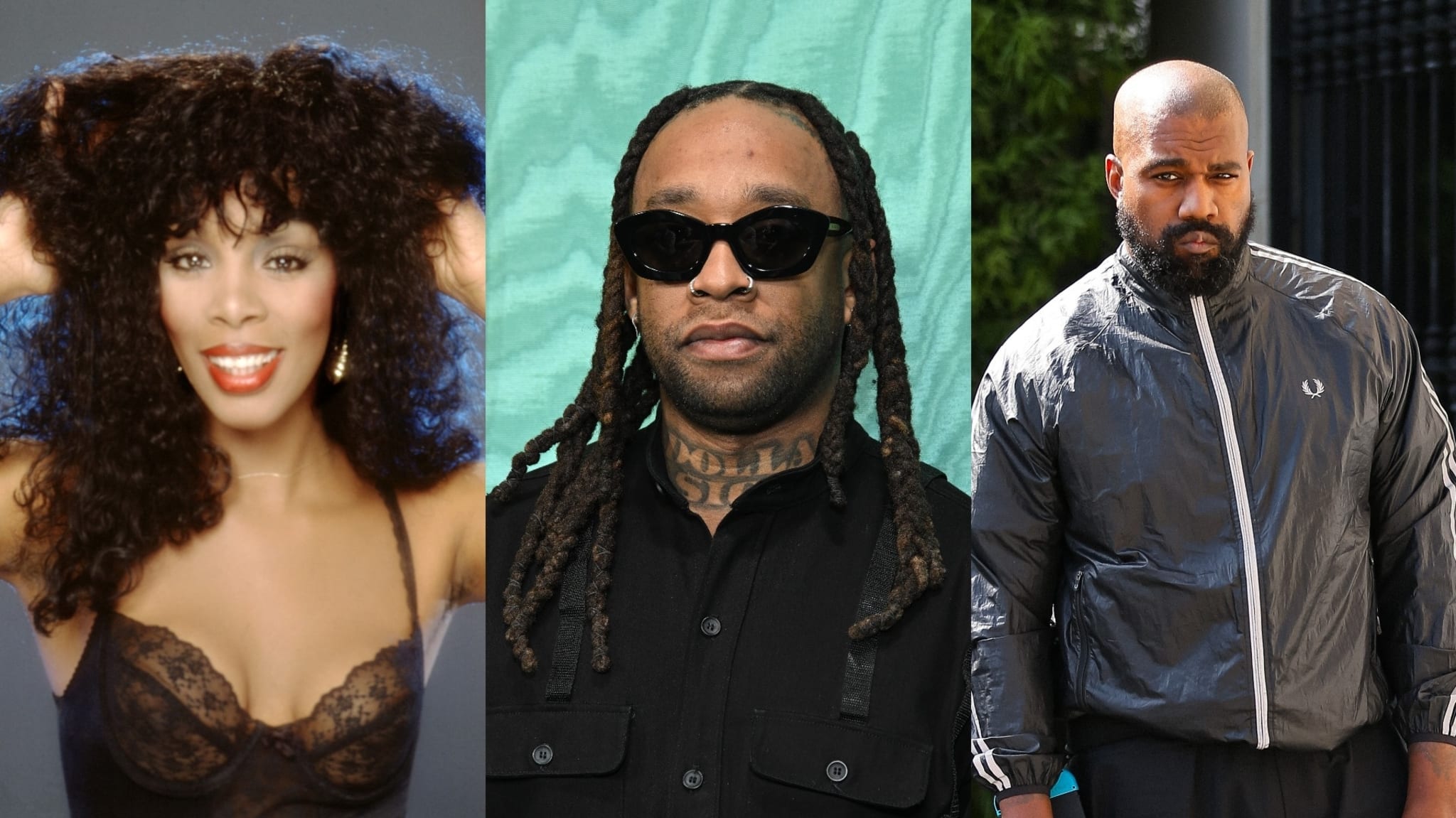 Donna Summer in lace top, Ty Dolla $ign in dark glasses and braids, Kanye West in a sports jacket