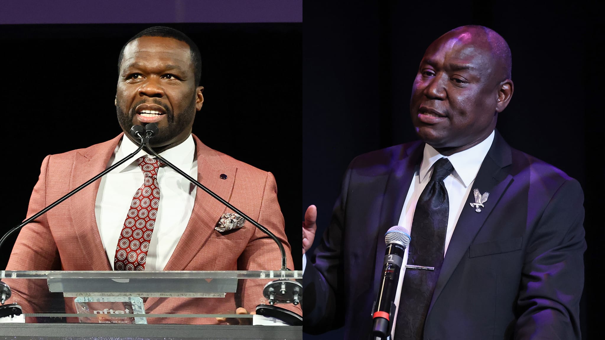 50 Cent in a suit and tie speaks at a podium alongside Benjamin Crump, who is also speaking at a podium, wearing a suit and a pin of a bird