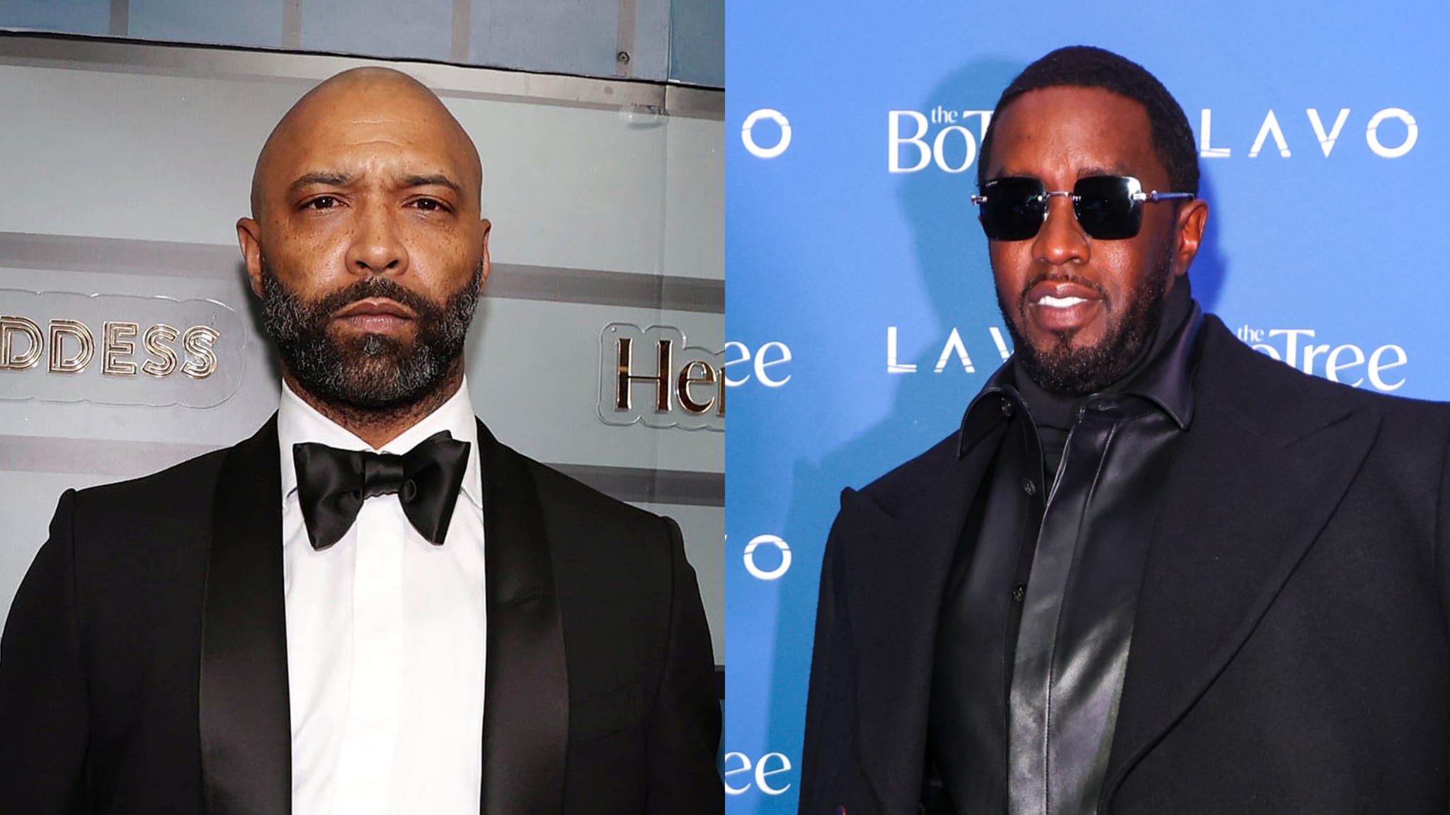 Joe Budden and Sean "Diddy" Combs in formal attire at a music industry event. Joe wears a black tuxedo, while Diddy sports a black jacket over formal wear
