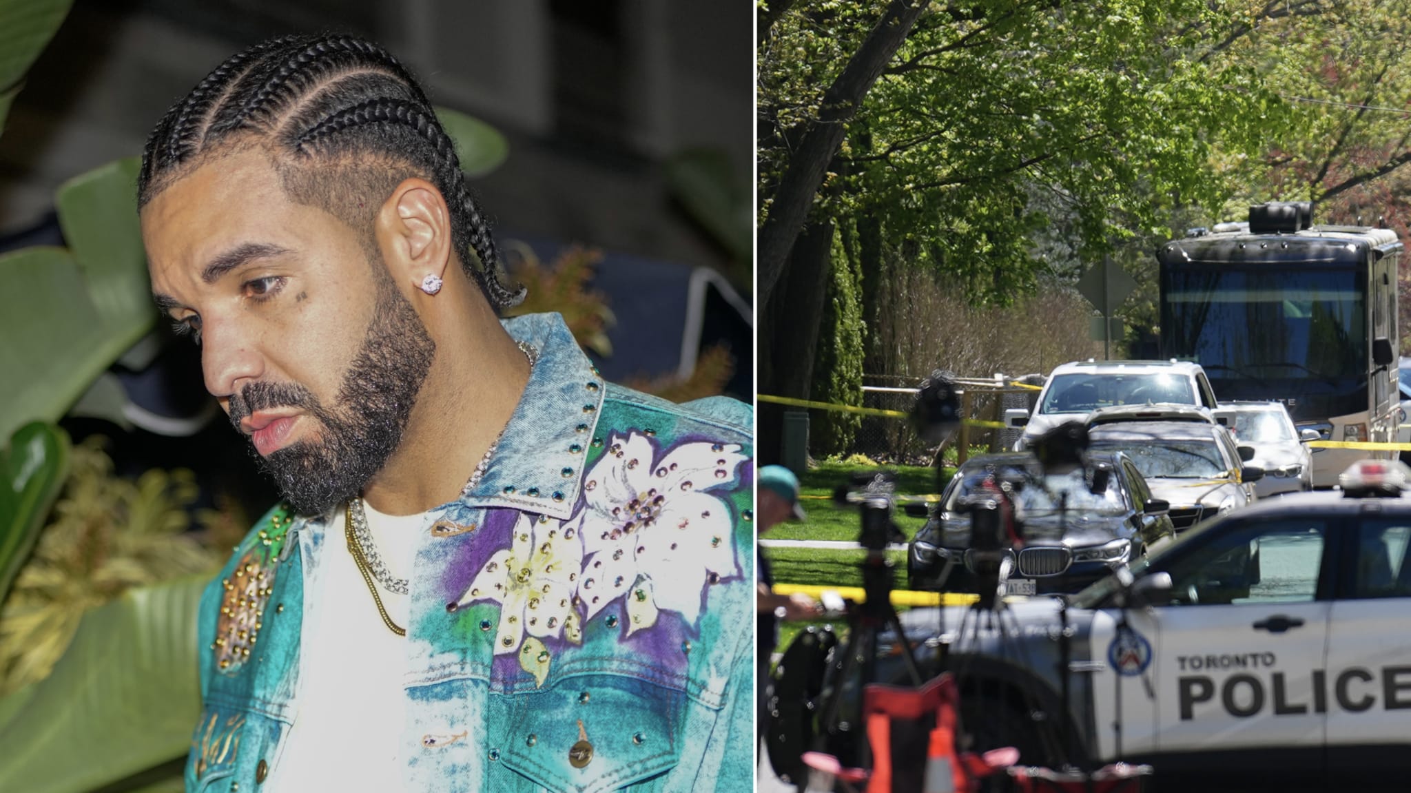 Drake in a bejeweled denim jacket. Second image: police vehicles behind crime scene tape