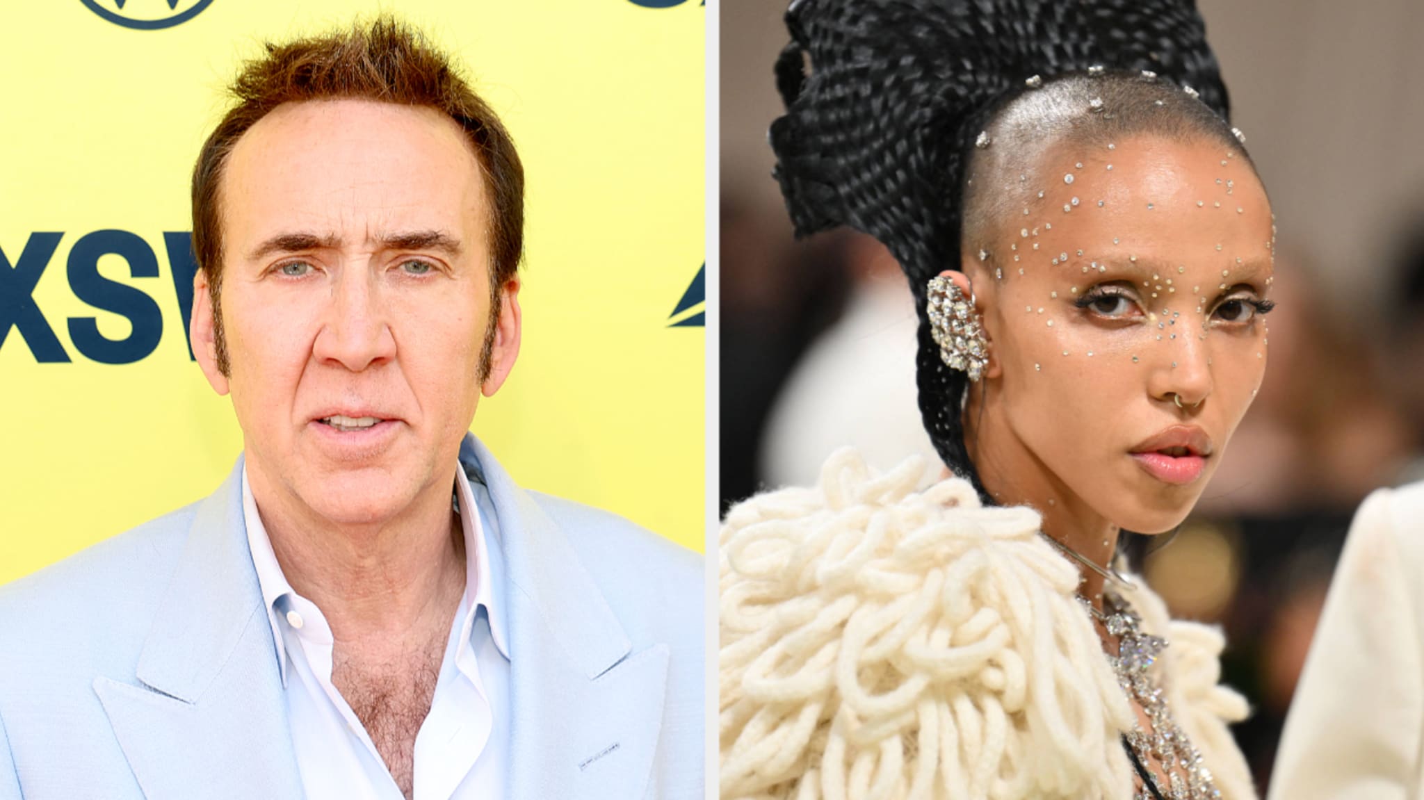 Nicolas Cage in a light suit and FKA twigs in an avant-garde outfit with bejeweled headpiece