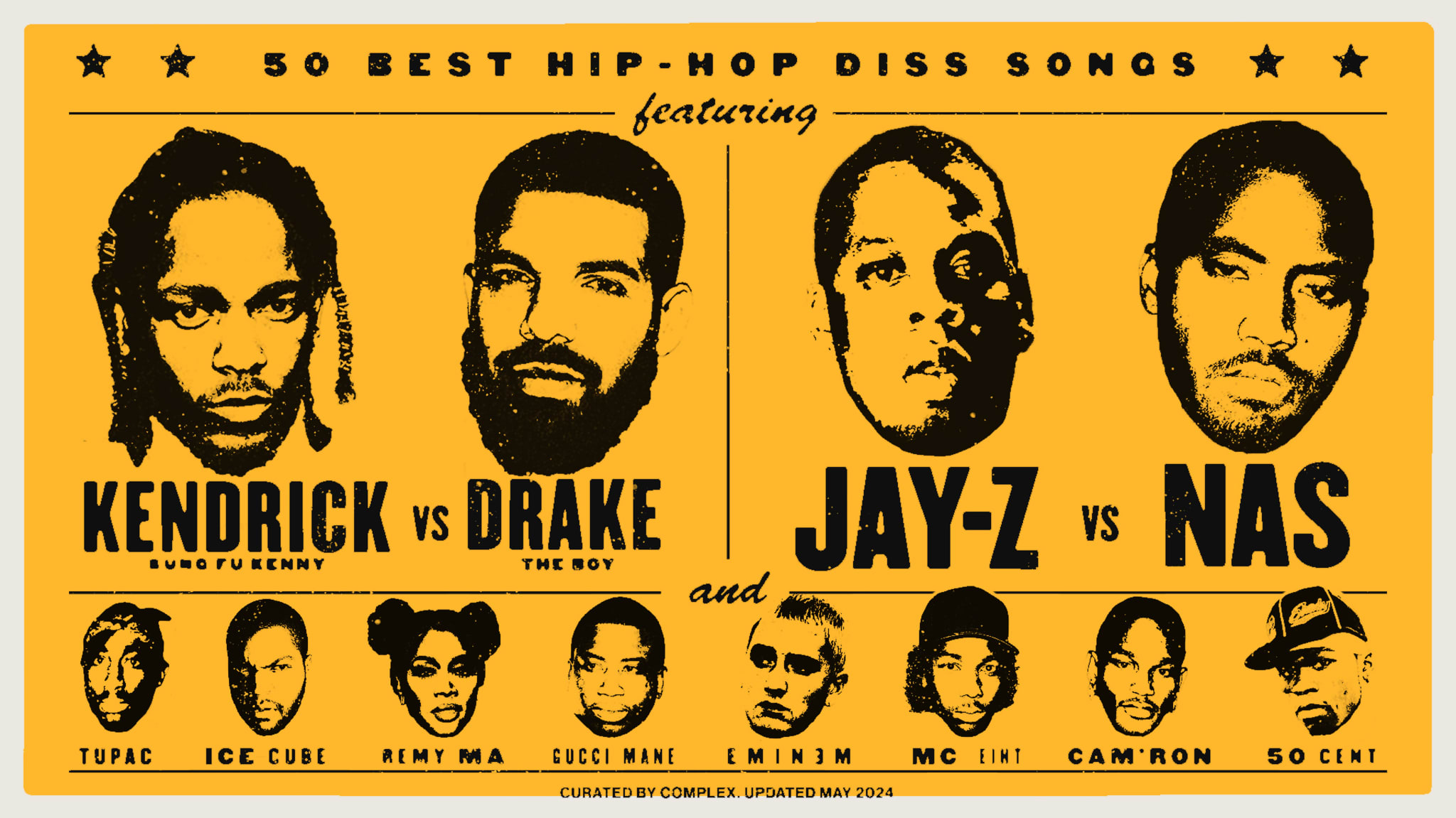 Graphic with faces of hip-hop artists for "50 Best Hip-Hop Diss Songs" list, including Kendrick, Drake, Jay-Z, Nas, and others; best diss songs of all time