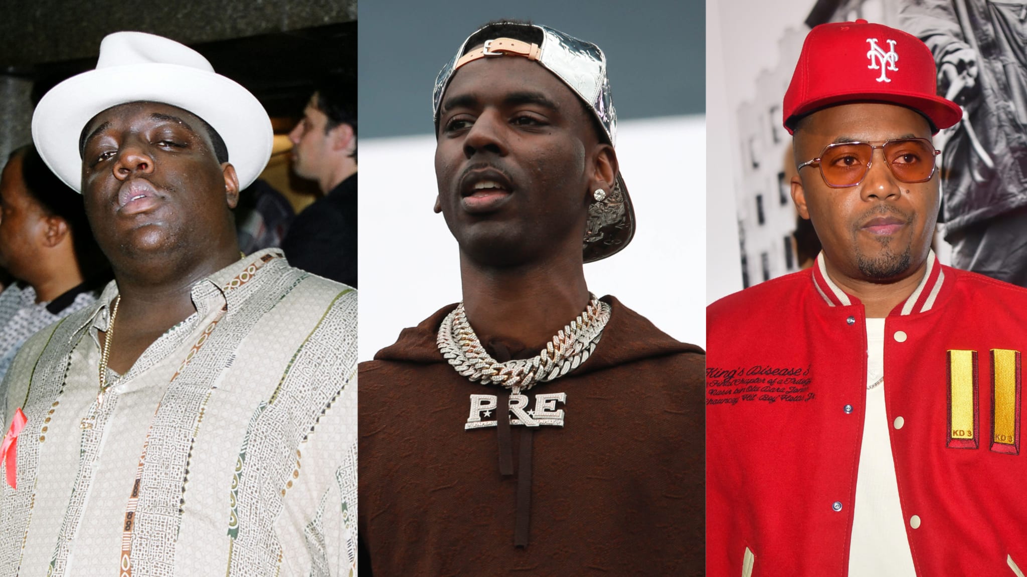 Three male artists side by side, from left: in a white hat and sweater, in gold chains and a cap, in a red varsity jacket with glasses