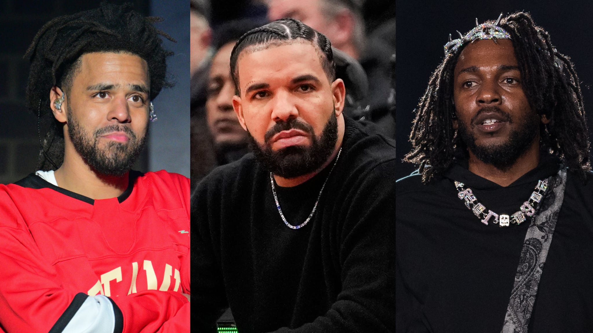 Three musicians pictured separately: one in a red shirt, another courtside, and the third with beaded hair