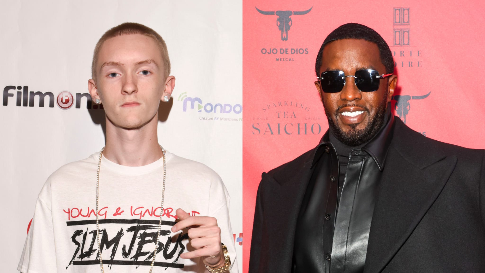 Split image with two men on red carpet: left, man holds award; right, man in black tuxedo with glasses
