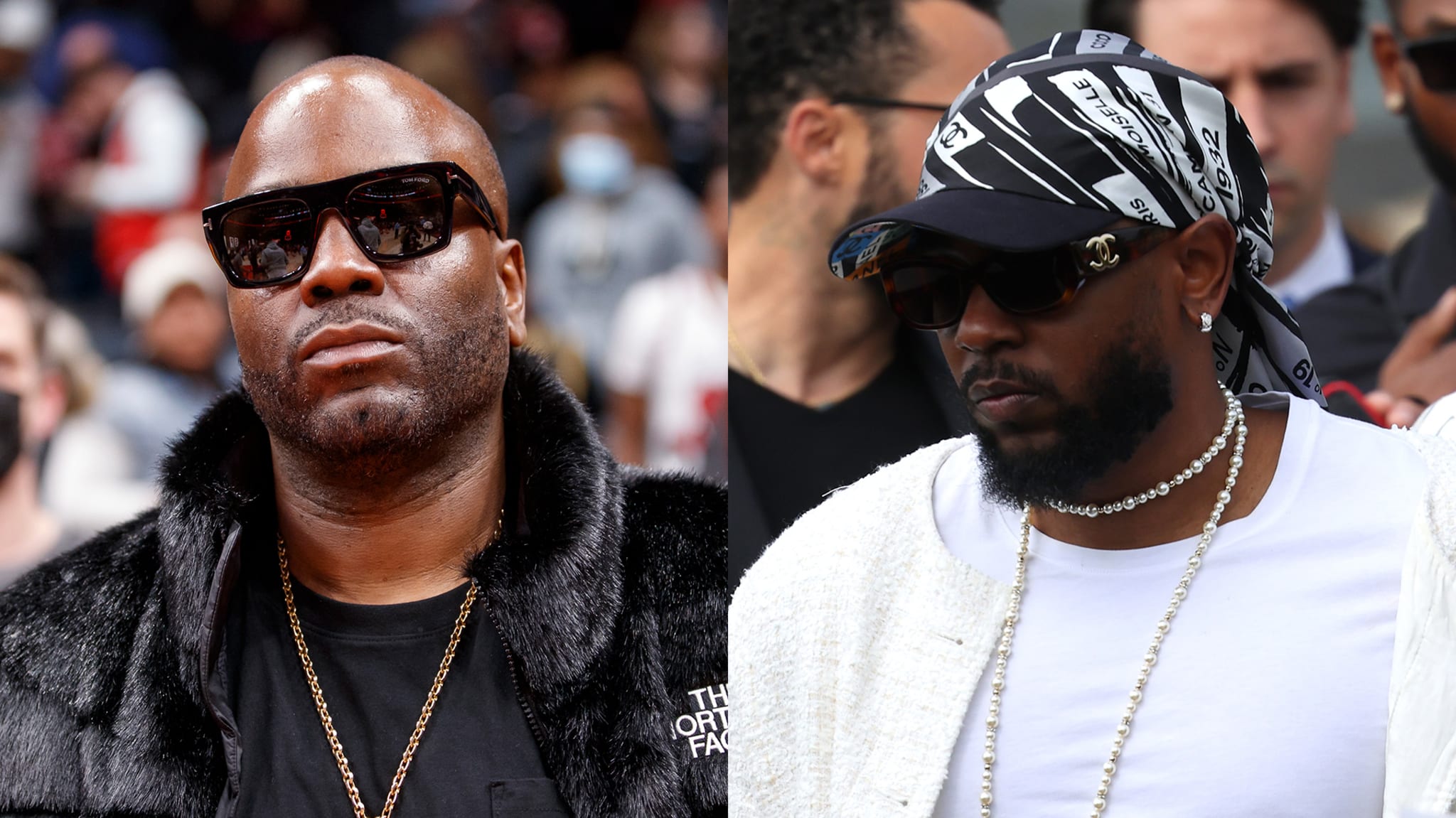 Two men at an event, one in a black jacket with fur collar and sunglasses, the other in a white tee, bandana, and sunglasses