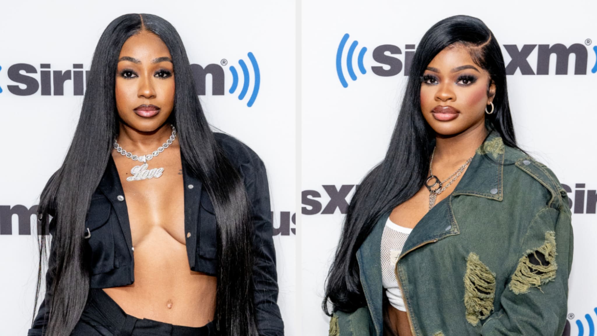 The City Girls pose separately, one in a black blazer, the other in a green jacket with tears