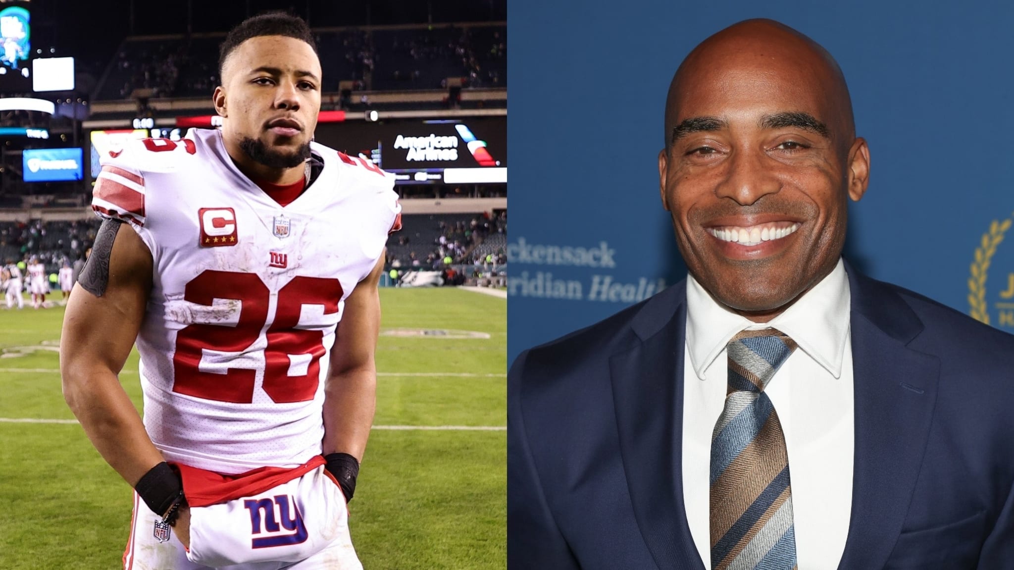 Football player in jersey on field; man in suit with tie smiling