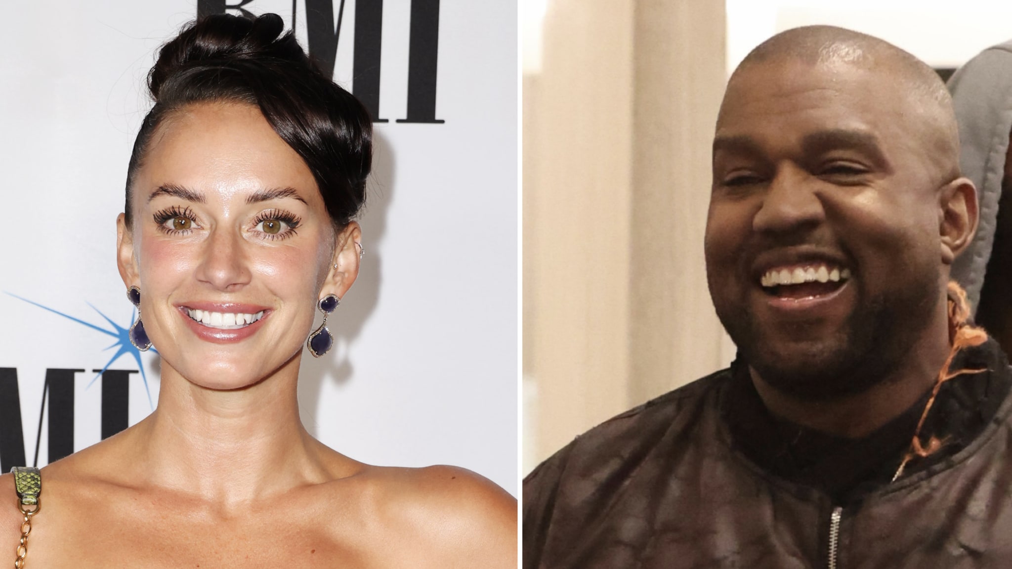 Split image of two people, a smiling woman with updo hairstyle and a man with a wide grin wearing a dark jacket