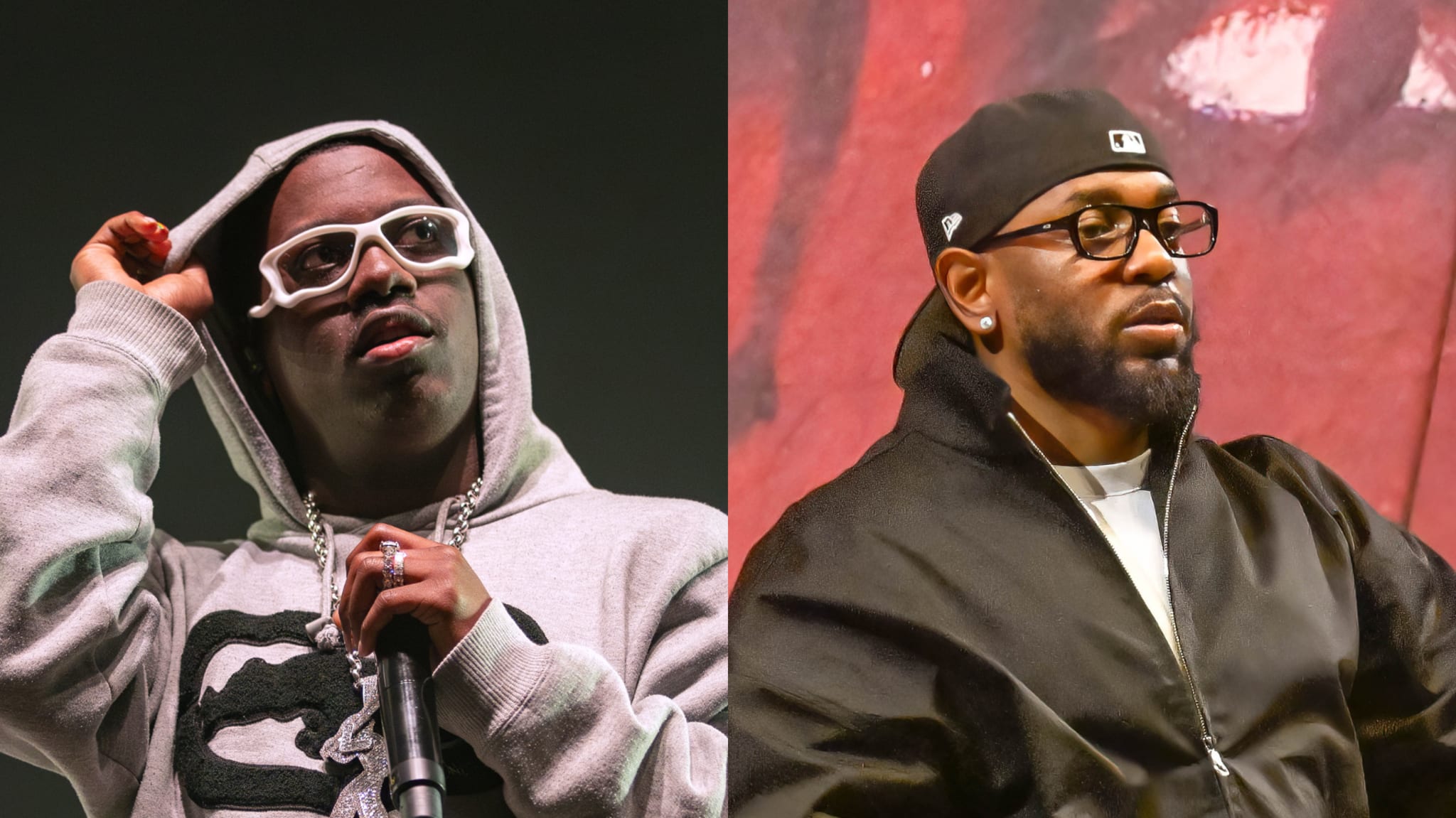 Two male musicians on stage, one adjusting a beanie and the other wearing glasses and a cap, both in casual attire