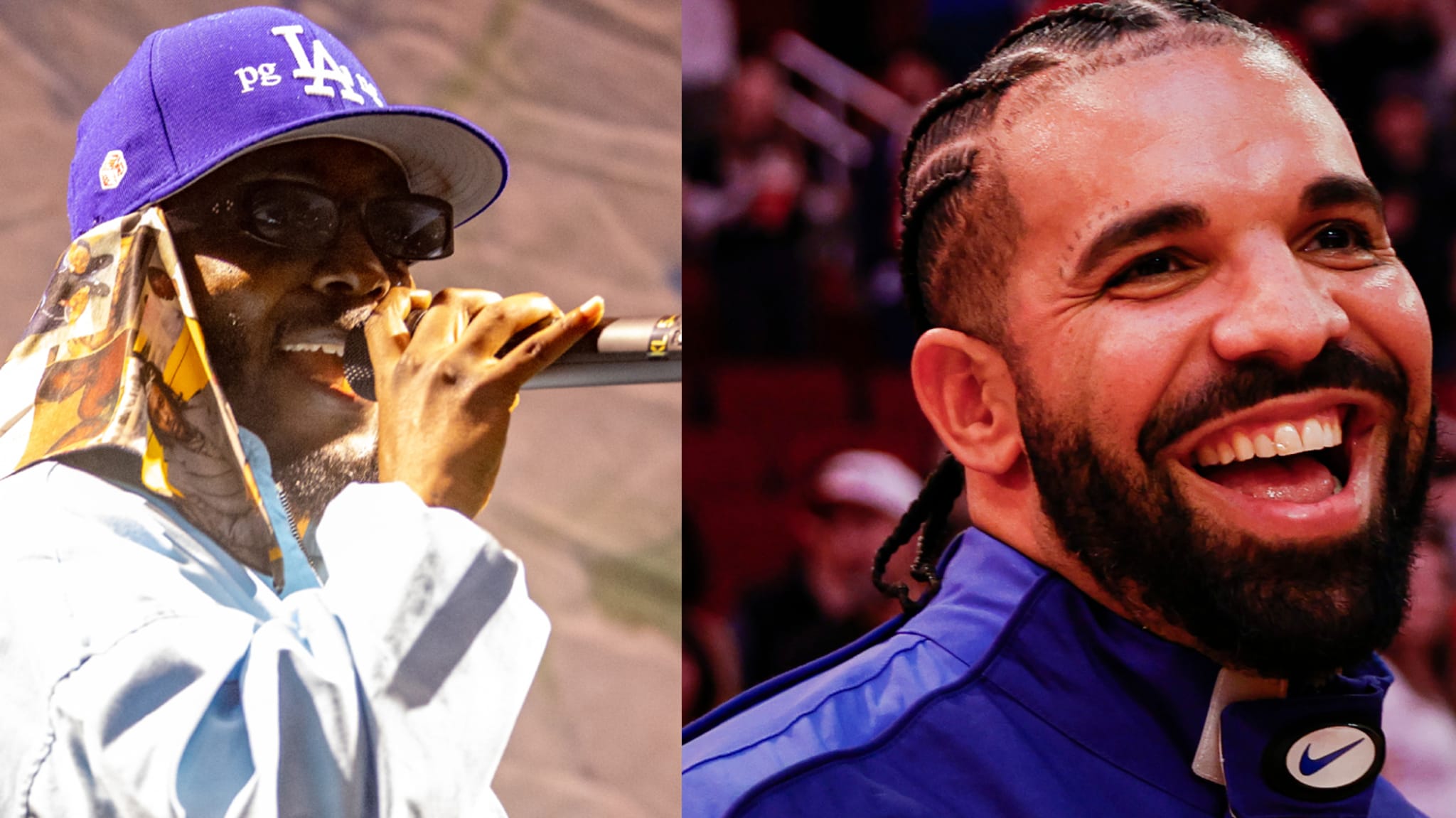 Person on left performs with a microphone. Person on right smiles. Both in casual attire. Used for a music article