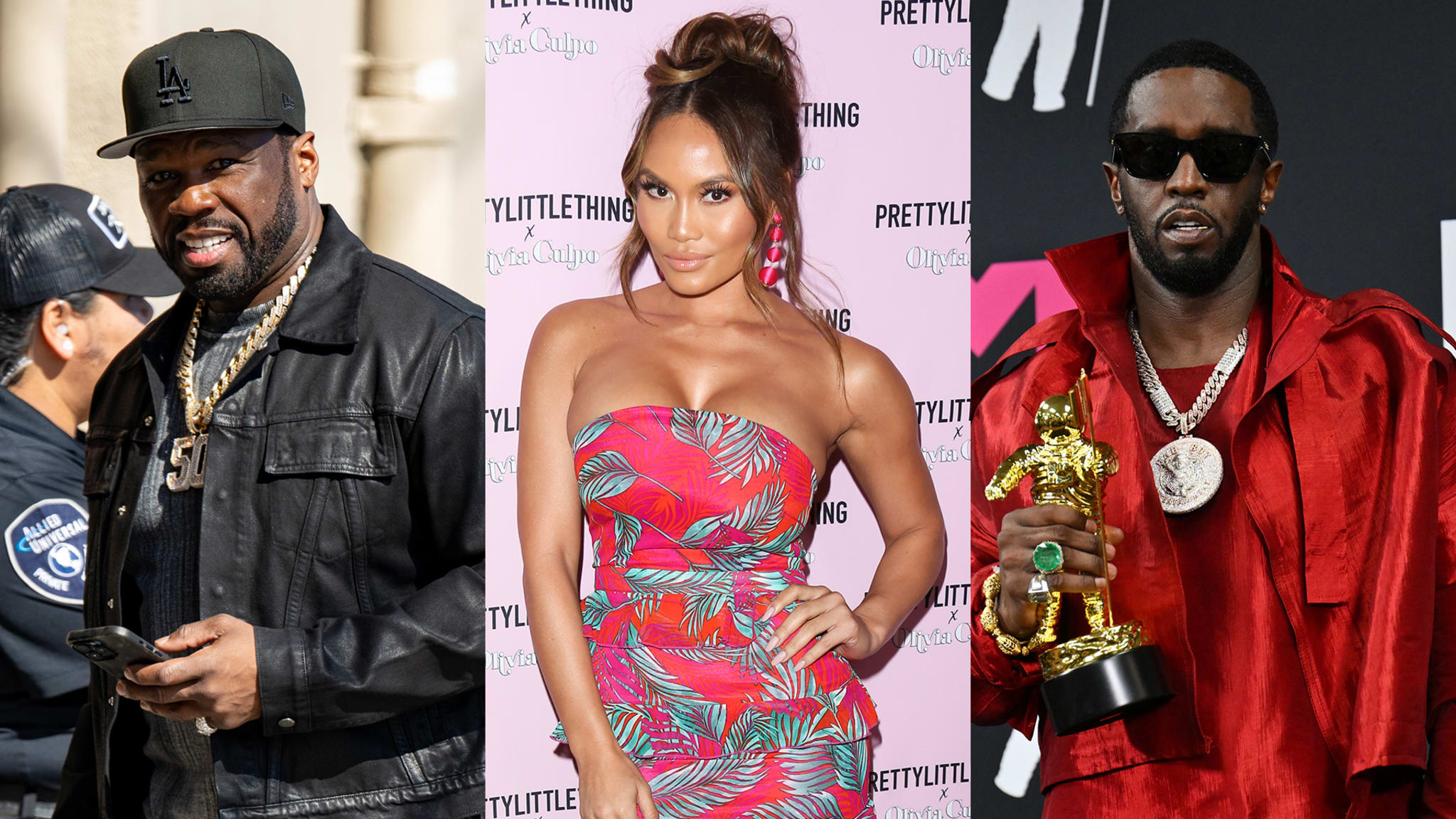 Three individuals posing separately; a man in a black jacket, a woman in a floral dress, and a man in a red jacket holding an award