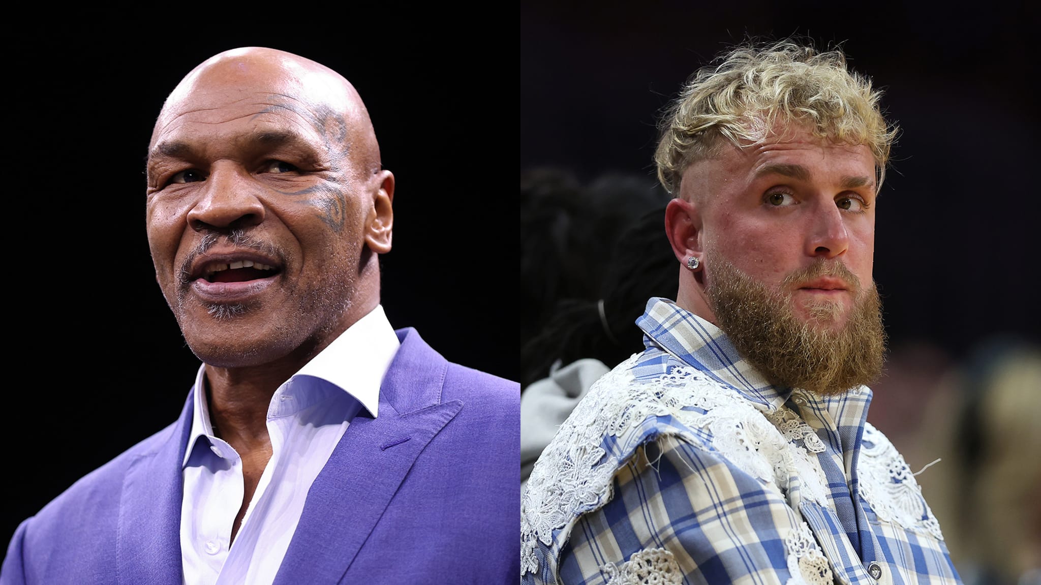 Mike Tyson in a purple suit and Jake Paul in a patterned white outfit at an event