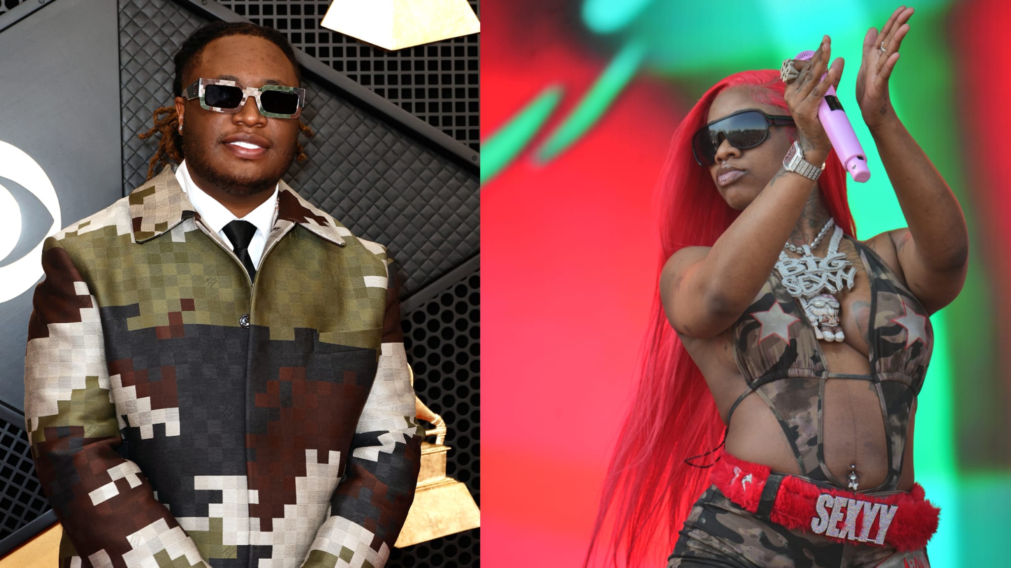 Two artists on separate occasions: left in a camo jacket, right in a performance outfit with pink hair