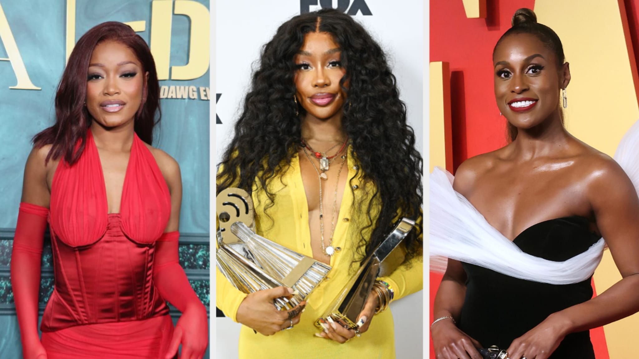 Three female celebrities at different events, each in unique evening attire