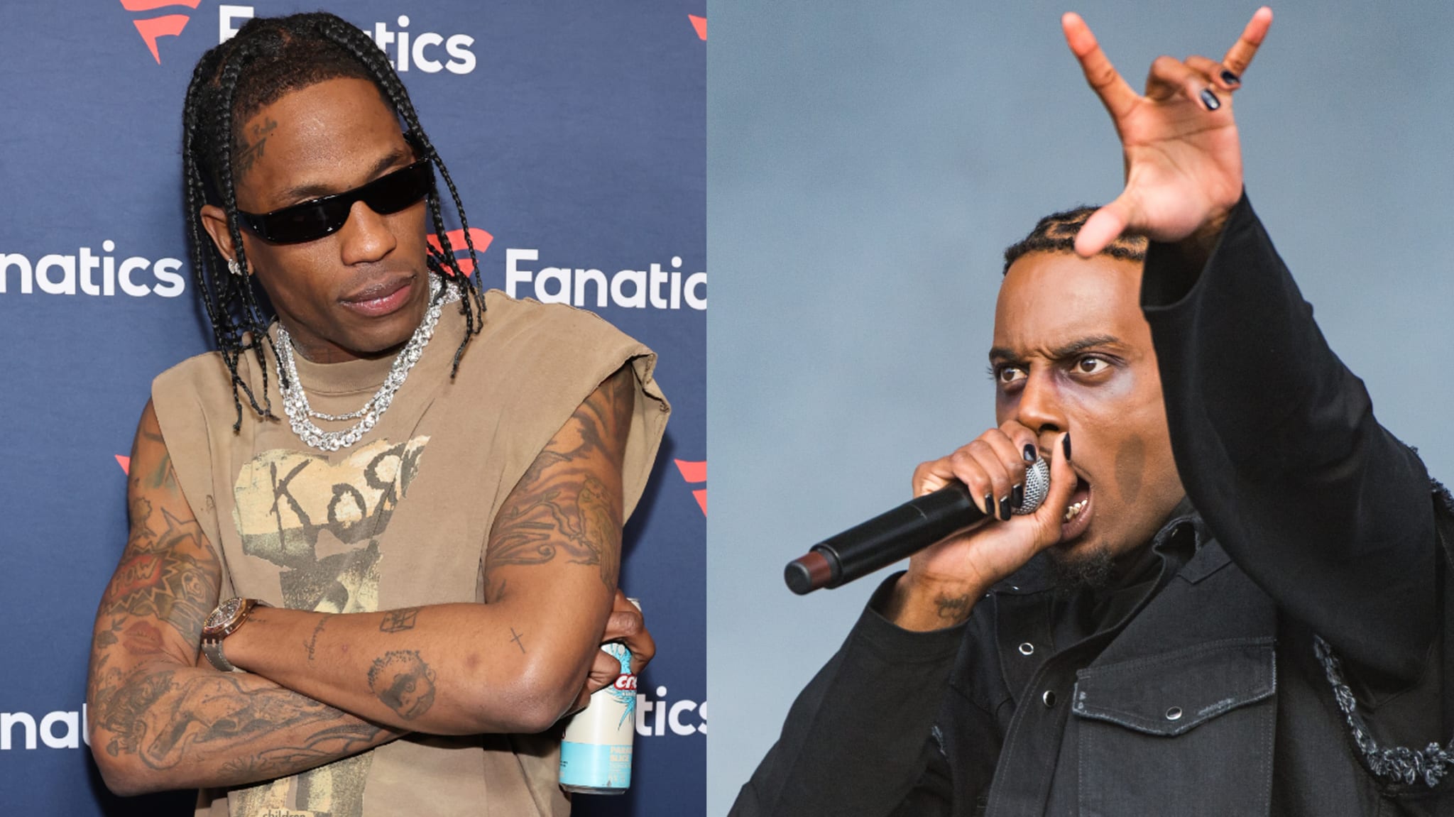 Travis in a sleeveless top with tattoos, Carti in a dark jacket performing with a microphone