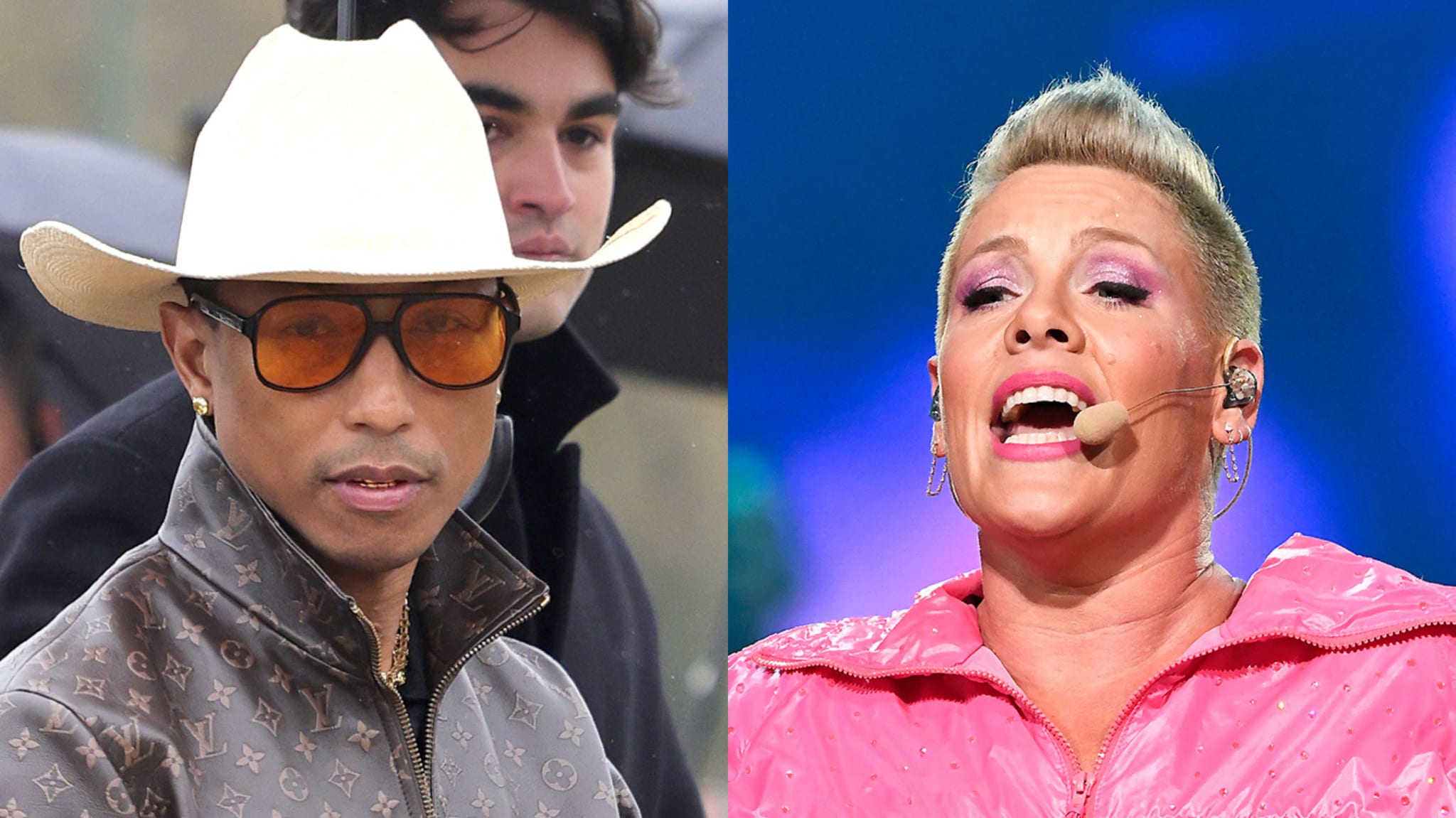 Pharrell Williams in a white hat and patterned jacket; Pink performs on stage with a mic headset