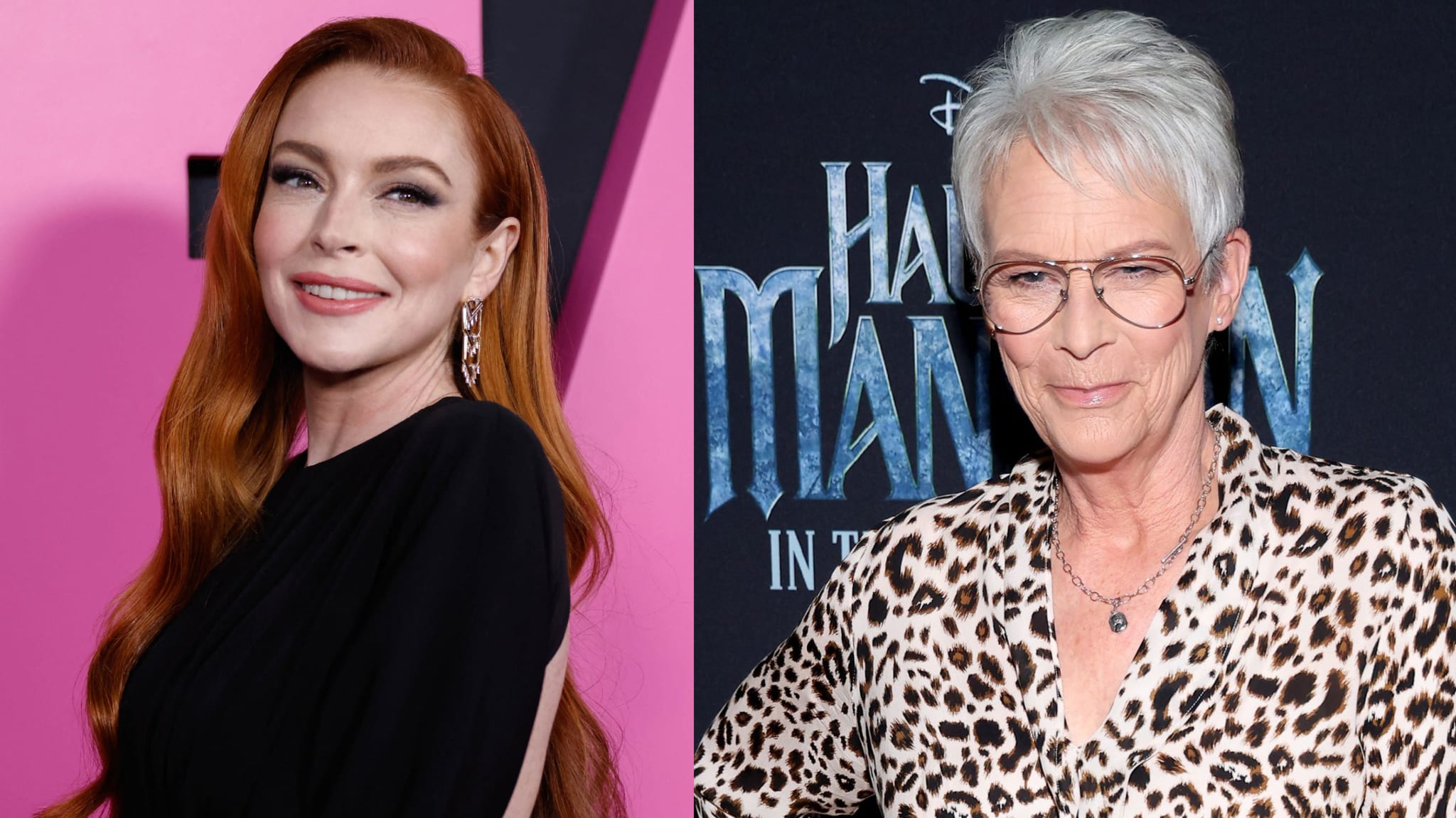 Two celebrities pose at events; one in a black dress with a sleeve detail, the other in a leopard print top