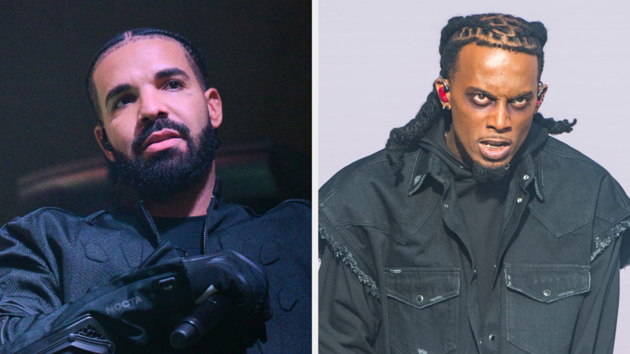 Drake on stage with microphone, Playboi Carti in a black jacket looking serious