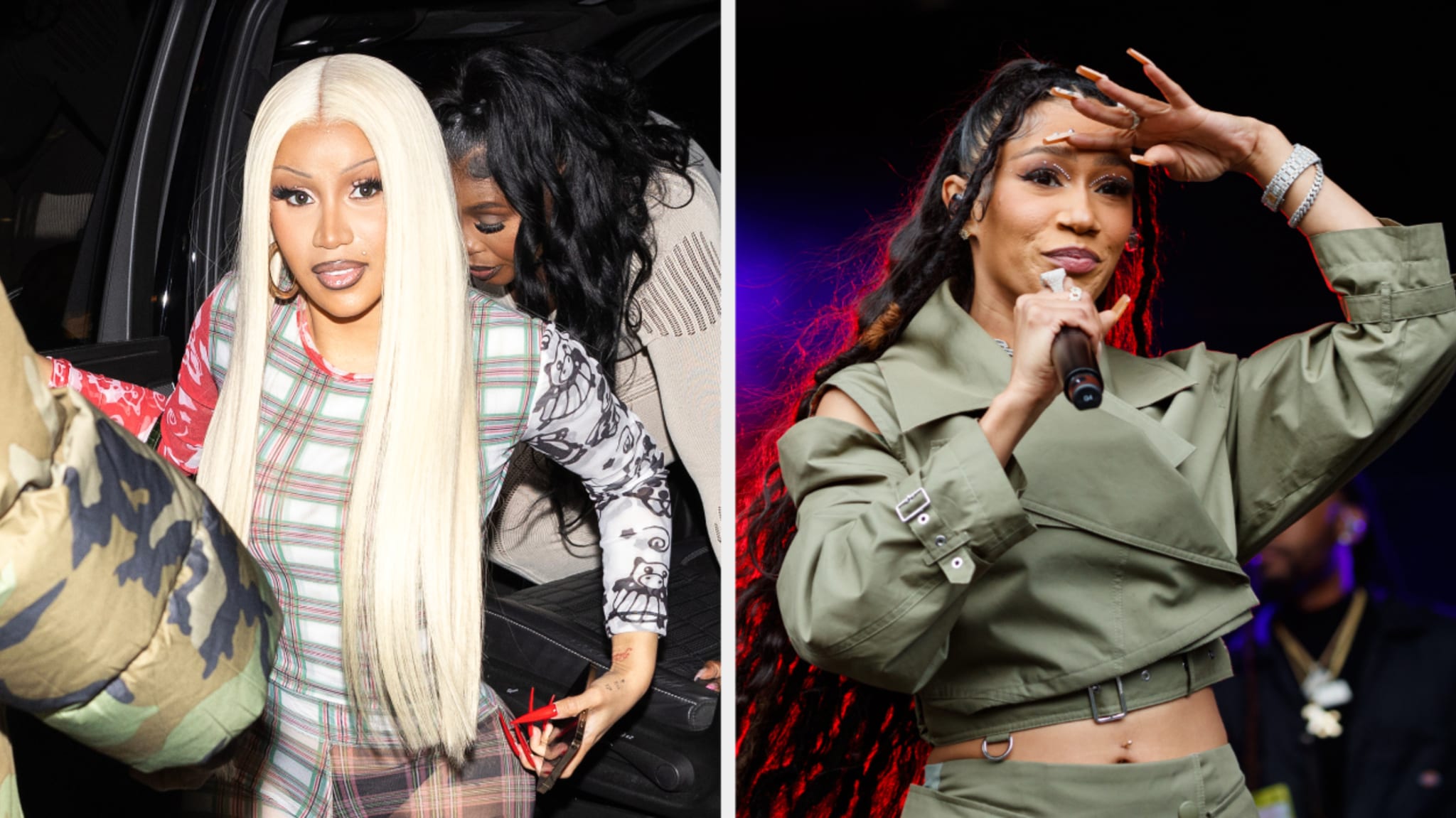 Two separate events; Cardi B stepping out of a car, BIA performing with a microphone