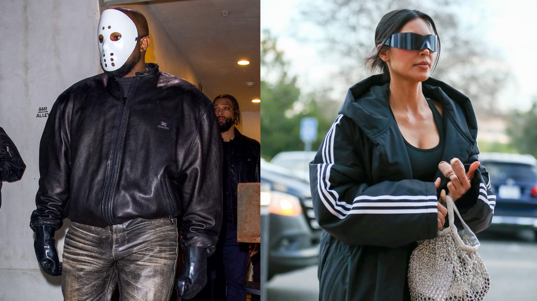 Two individuals, one in a mask and metallic pants, and the other in casual, sporty attire, walking separately