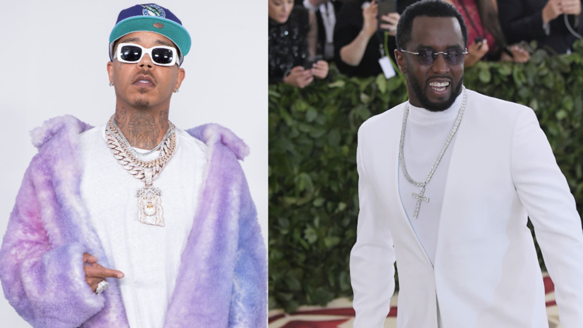 Two male artists at an event, one in a purple and white fur coat, the other in a classic white suit with a cross necklace