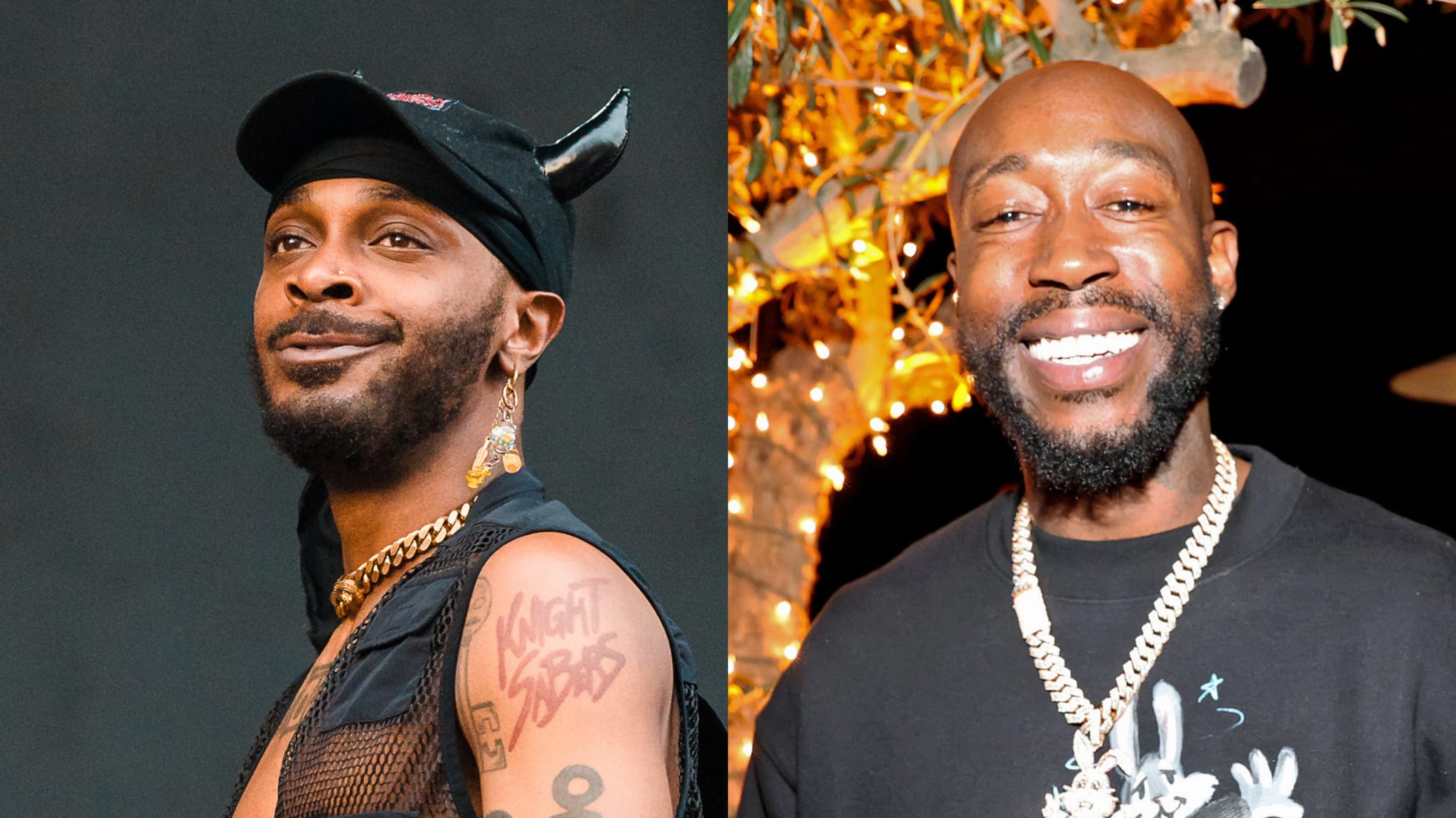 Two male musicians smiling, one with hat and tank top, other with beard and necklace