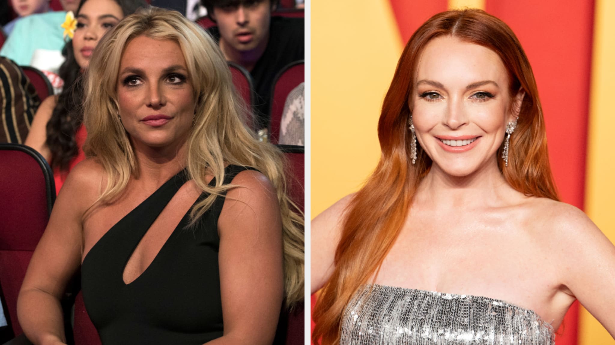 Britney Spears in a black outfit and Lindsay Lohan in a sparkling dress at separate events