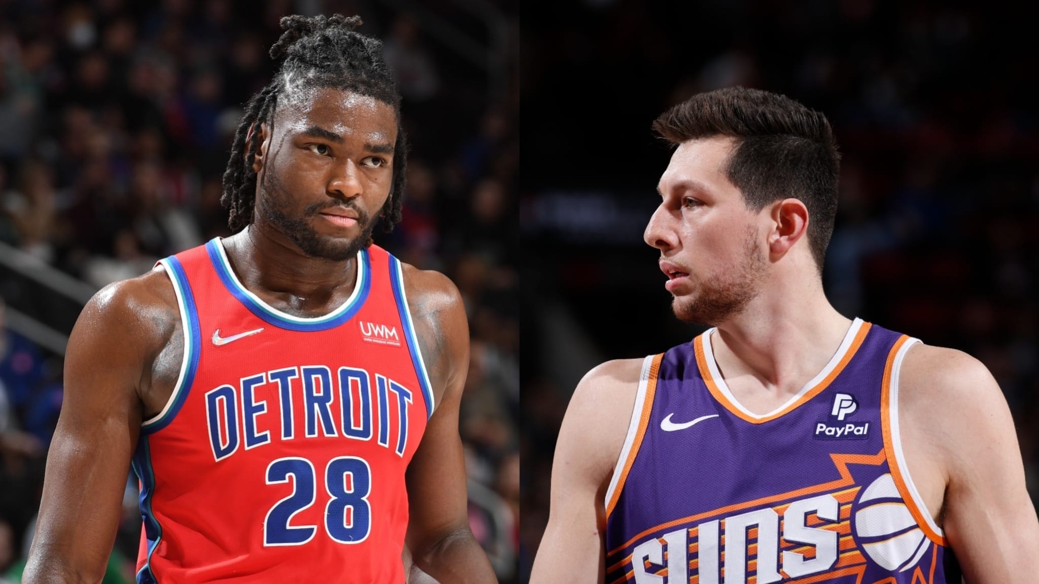 Two basketball players from the Pistons and Suns side by side.