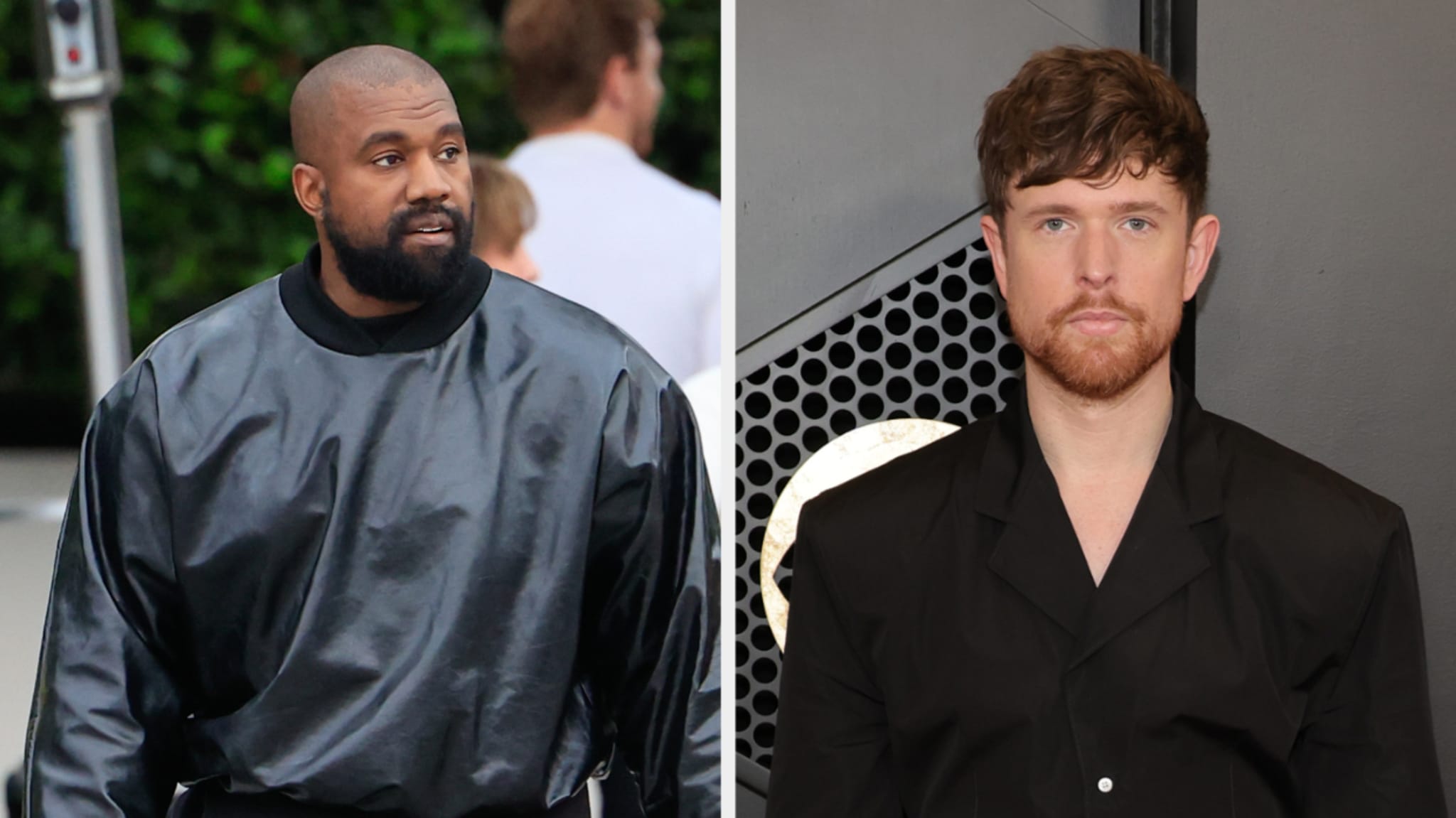 Kanye West in a black oversized shirt and James Blake in a black suit, split image at a music event