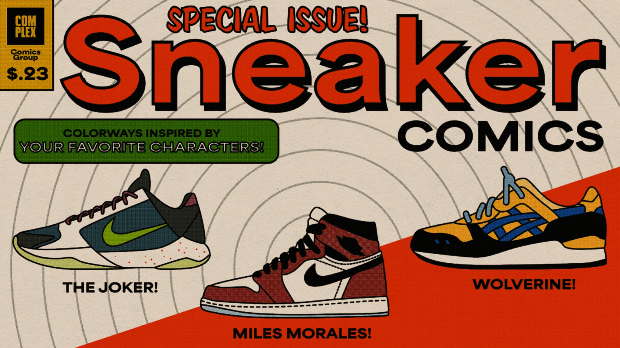 Comic-style illustration of sneakers inspired by characters: The Joker, Miles Morales, and Wolverine; comic book shoes