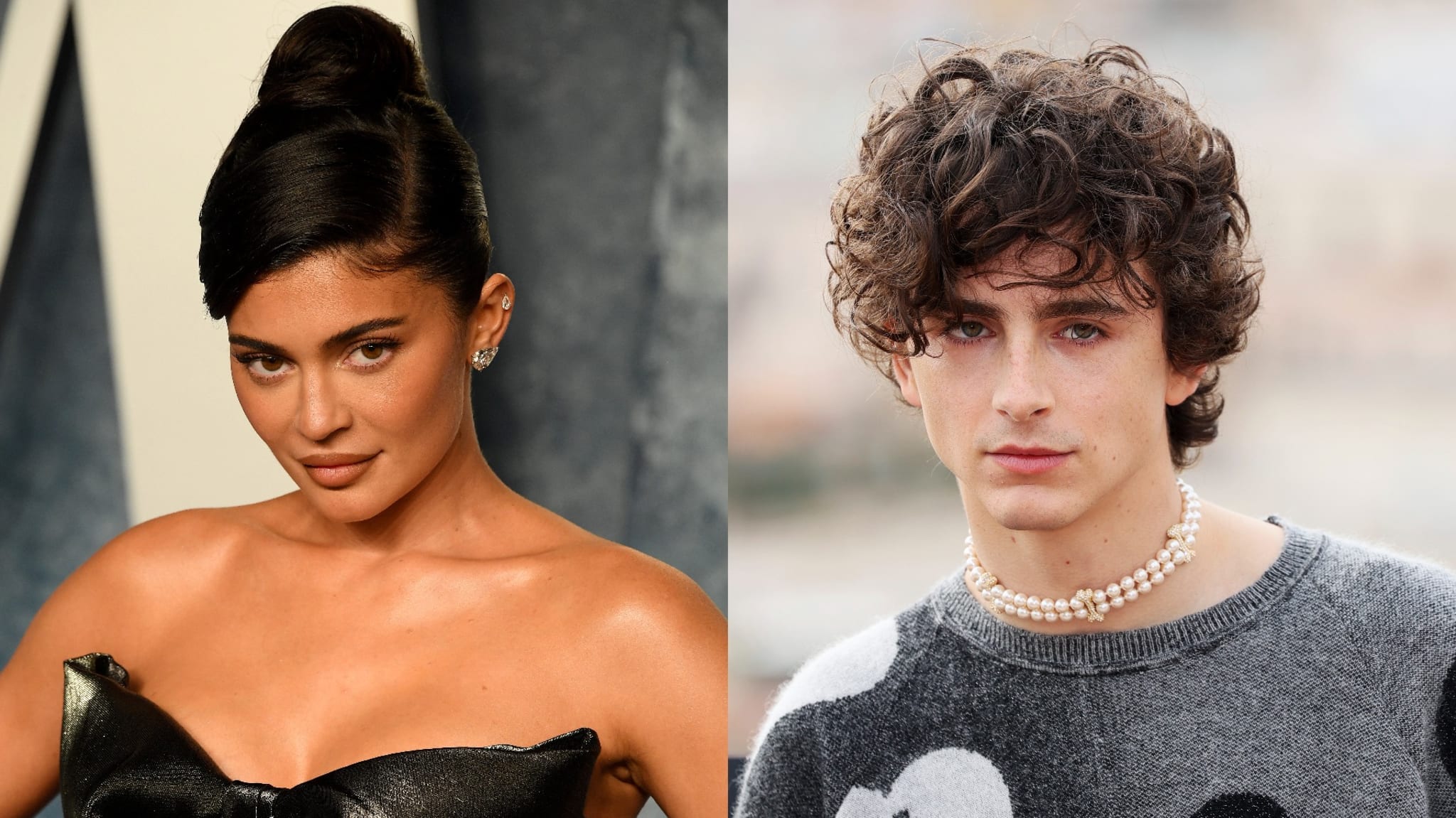 A photo of Kylie Jenner and Timothée Chalamet merged together.