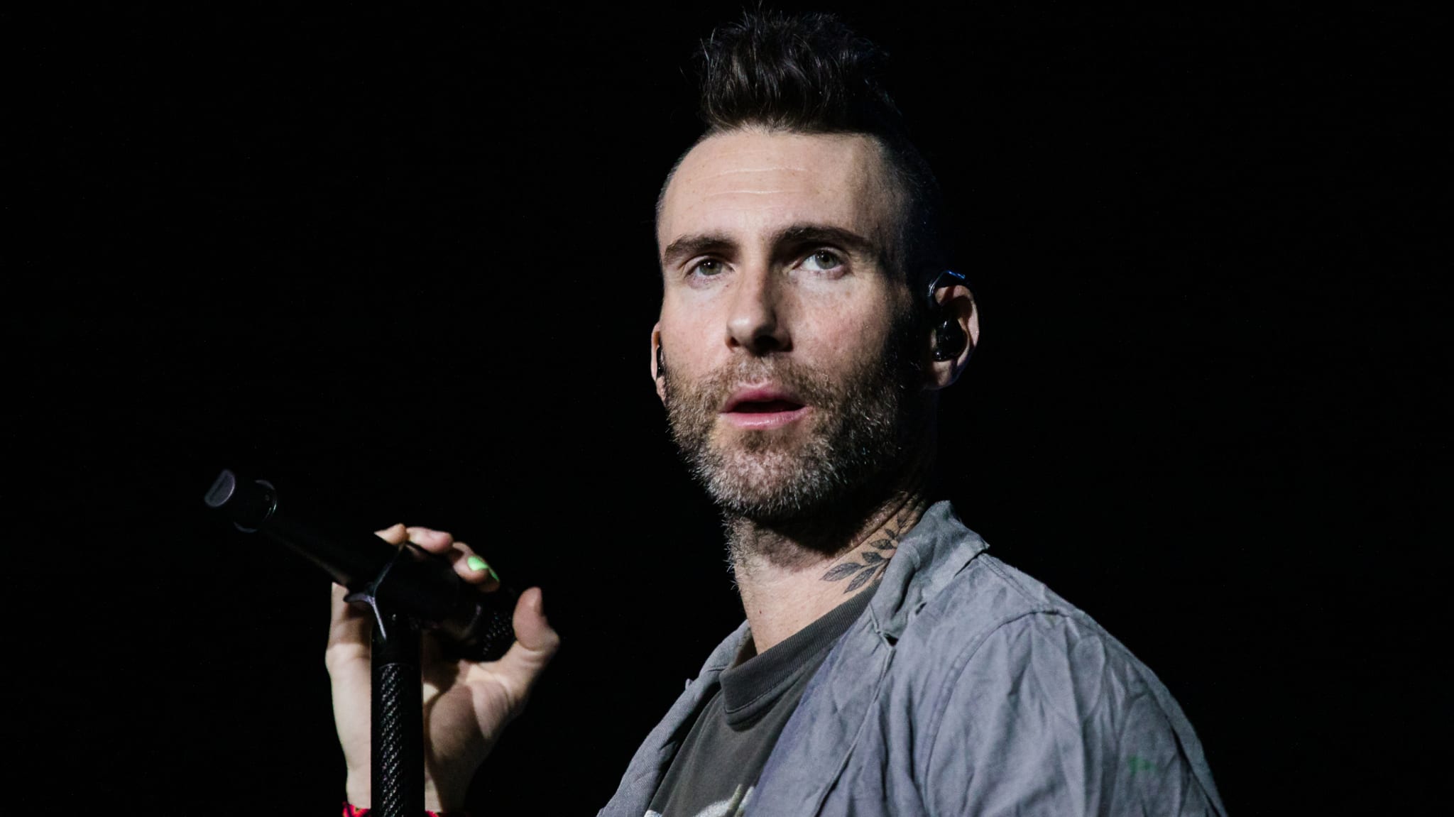 Maroon 5 singer is pictured holding a mic