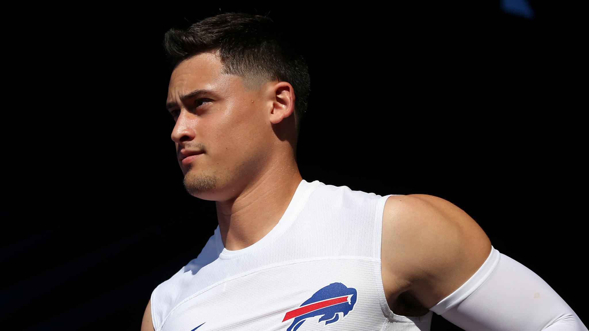 Matt Araiza #19 of the Buffalo Bills takes the field during practice