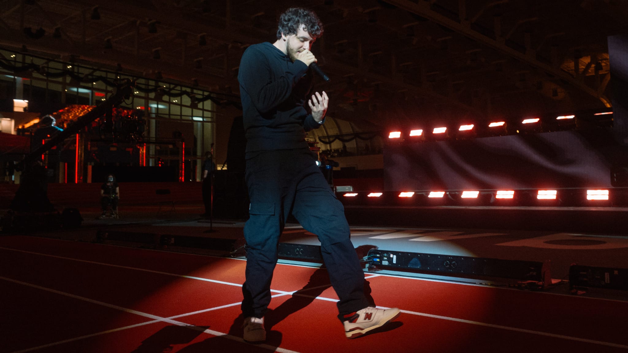 Jack Harlow performing at The Track New Balance Boston wearing New Balance 550s